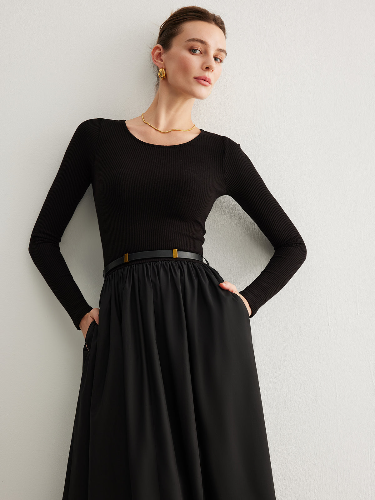 Plain Belted Pleated Panel Dress-Chicvia