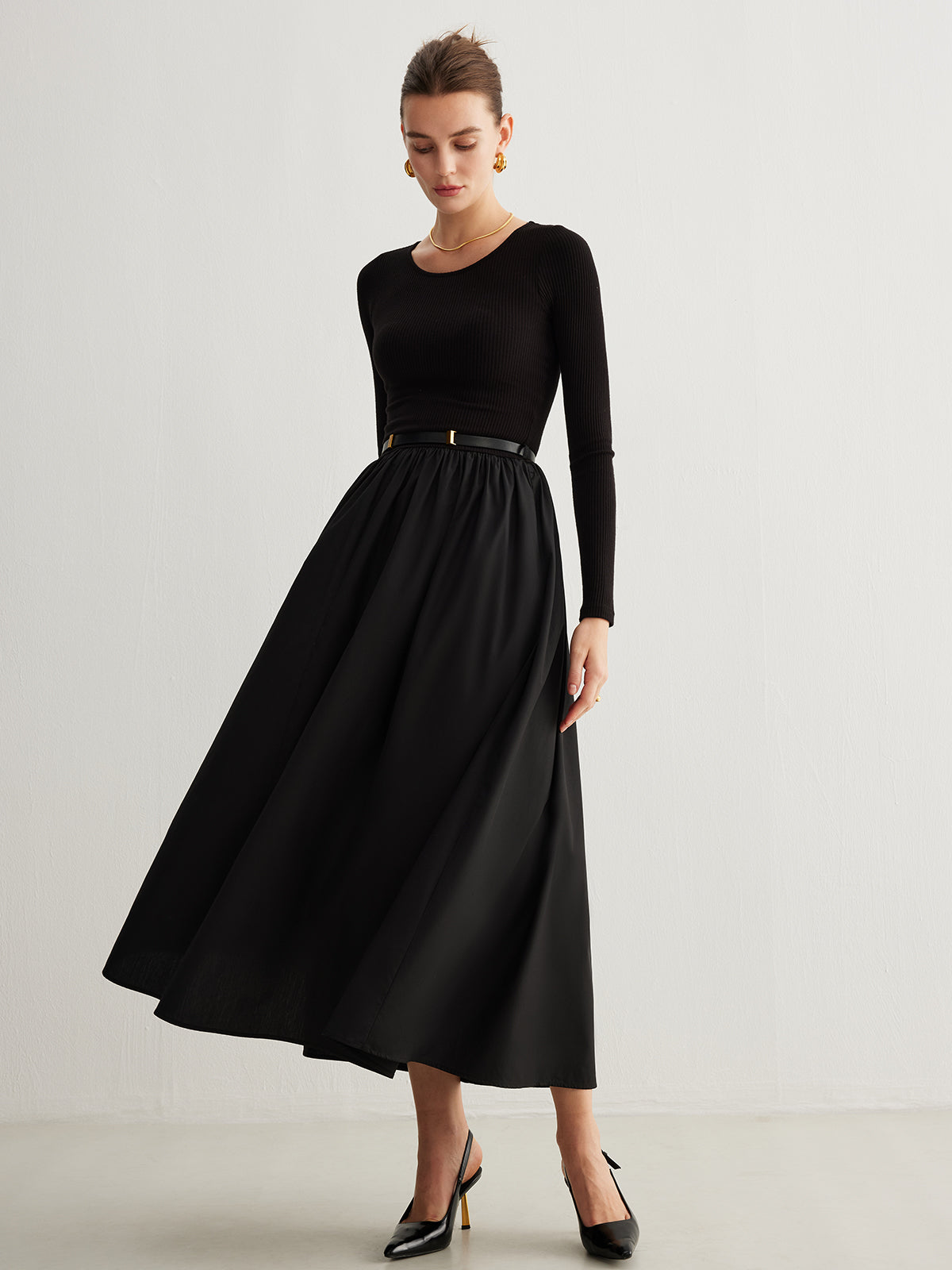 Plain Belted Pleated Panel Dress-Chicvia