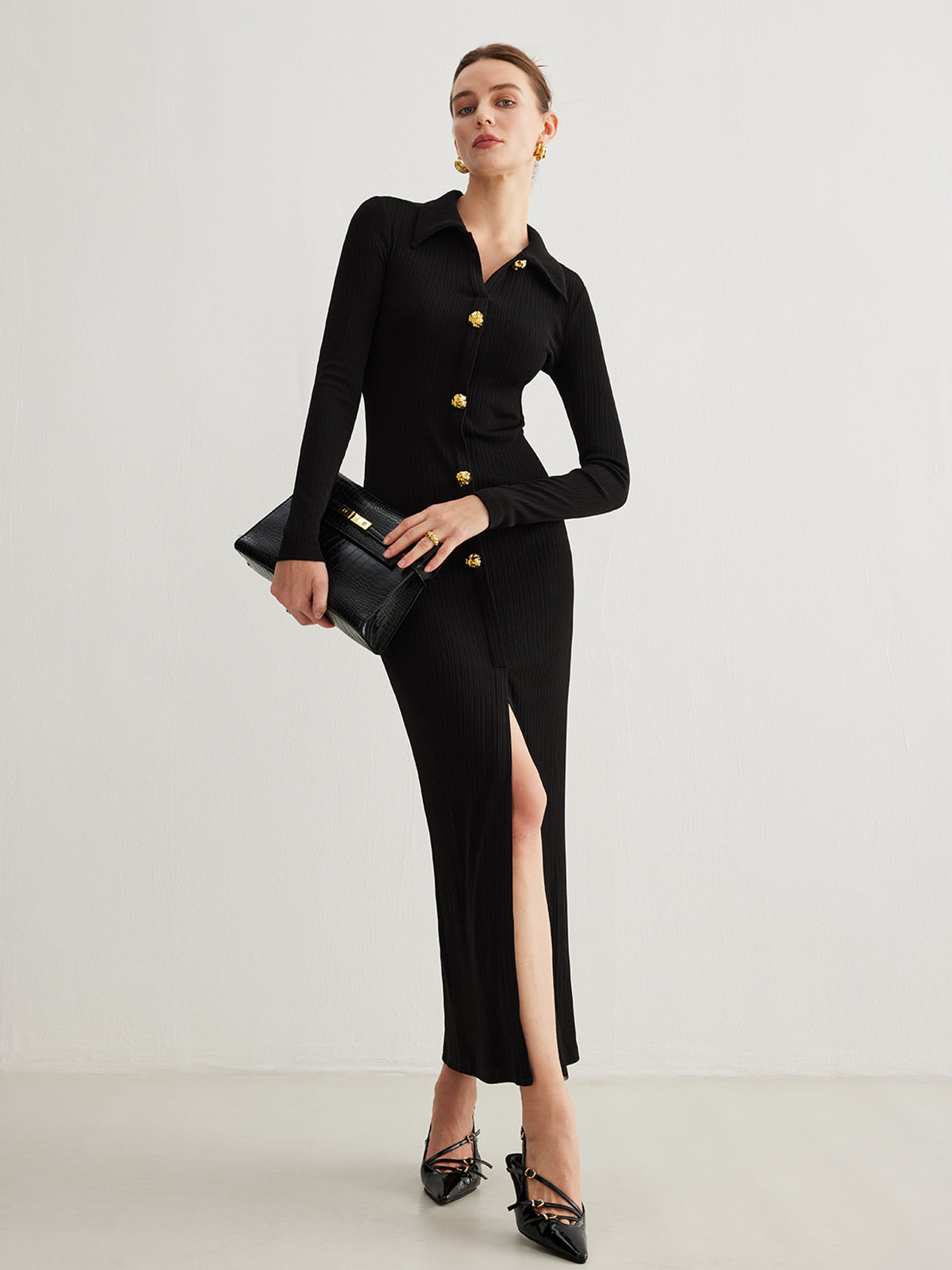 Metal Button-Down Split Lapel Dress-Chicvia