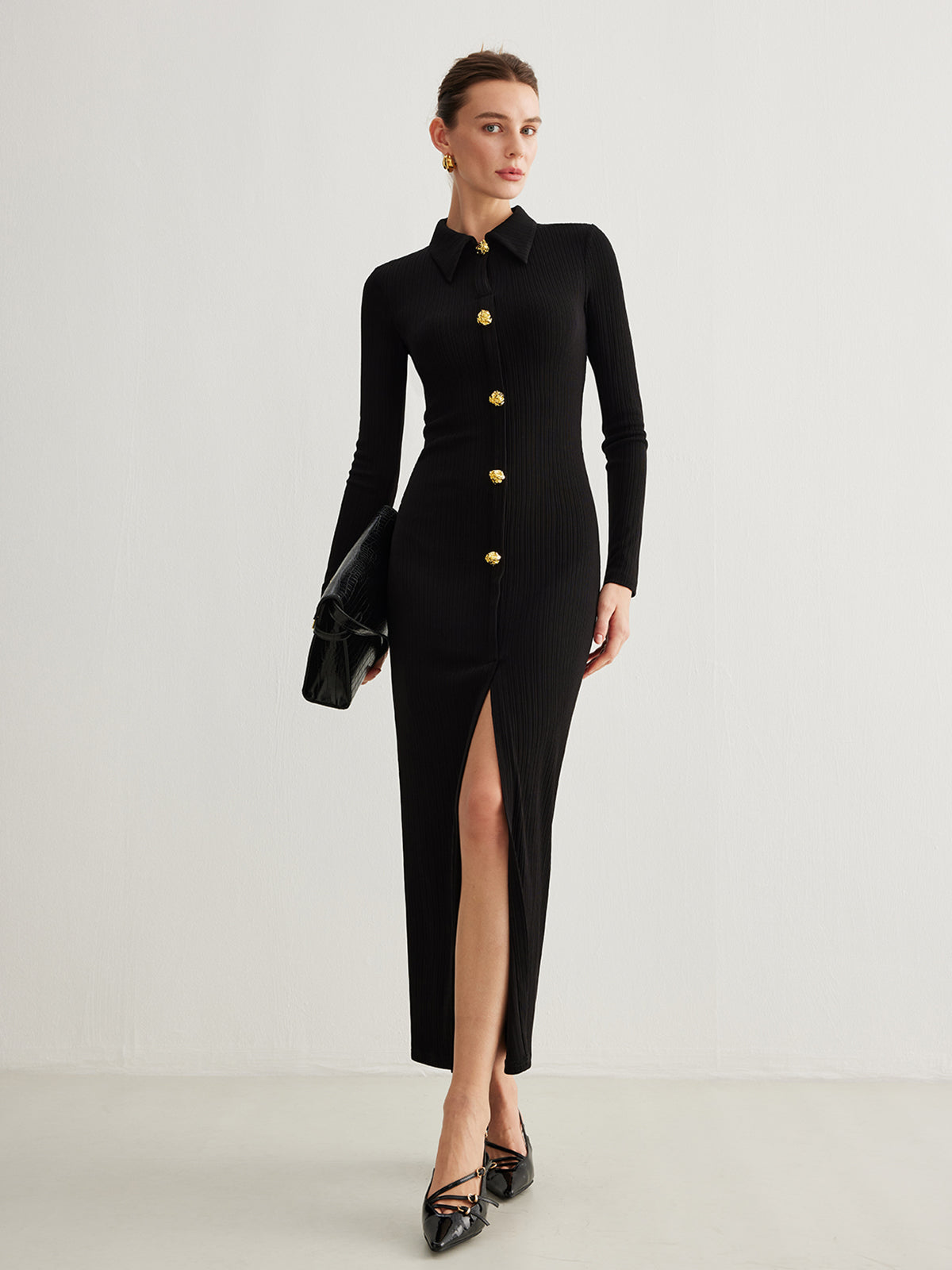 Metal Button-Down Split Lapel Dress-Chicvia