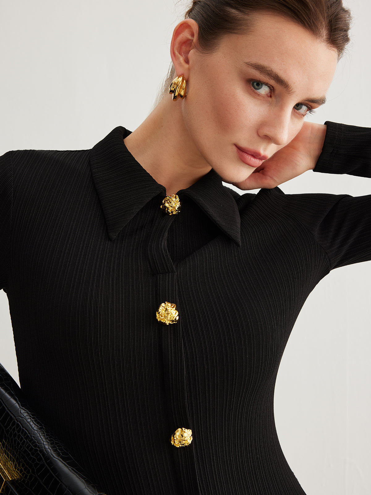 Metal Button-Down Split Lapel Dress-Chicvia