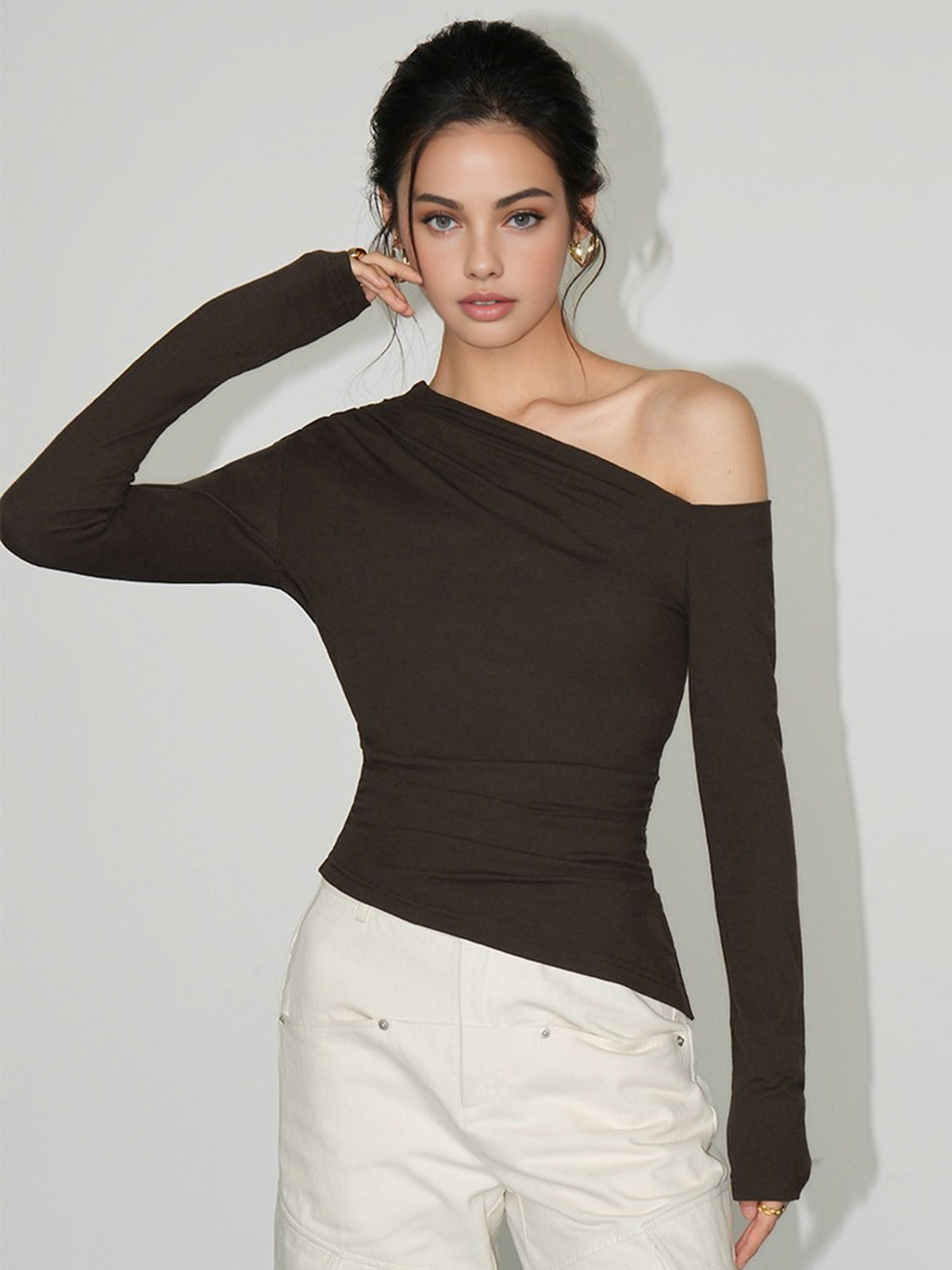 One-Shoulder Skinny Jersey Top-Chicvia