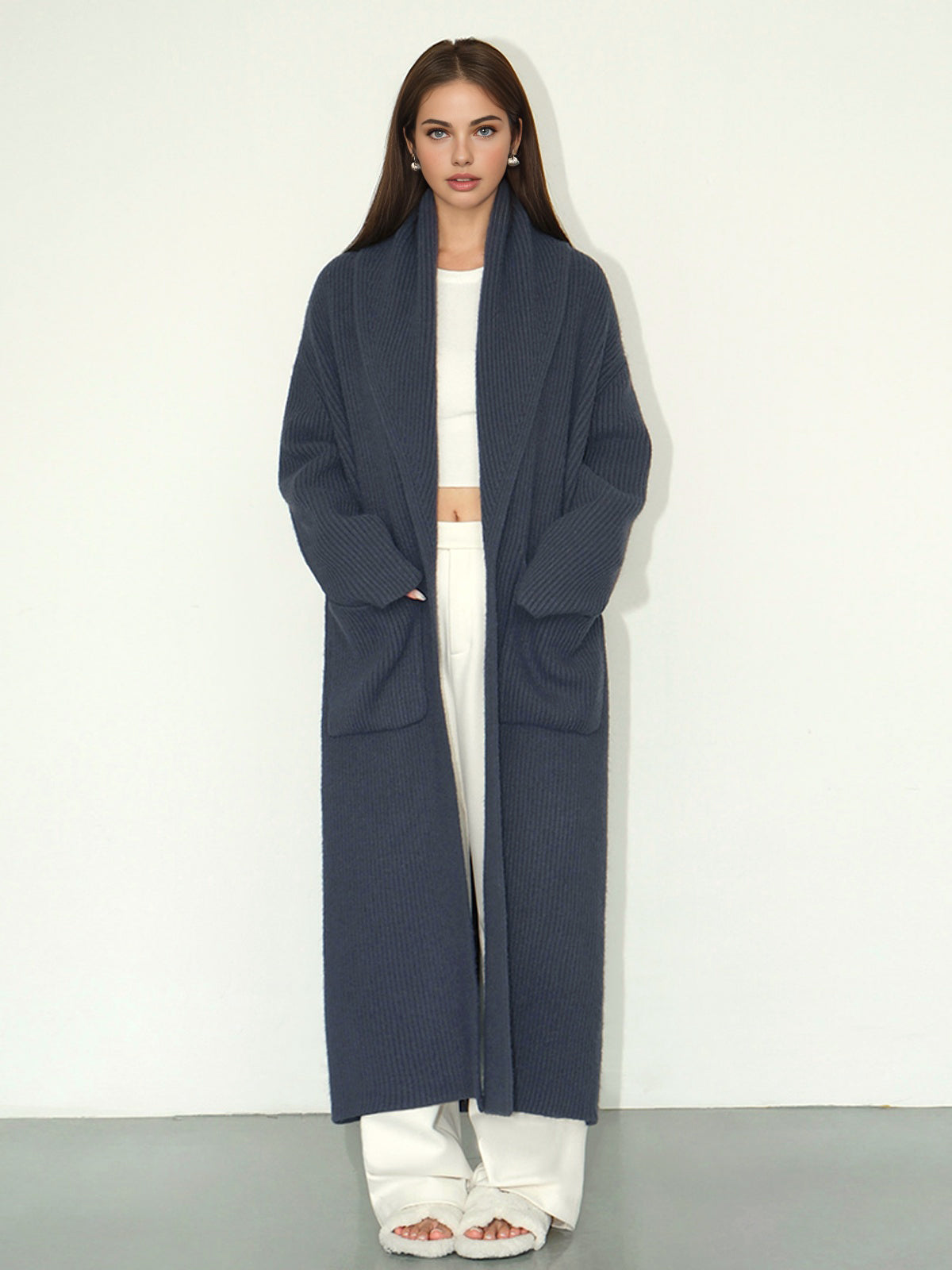 Plain Ribbed Pockets Long Cardigan-Chicvia