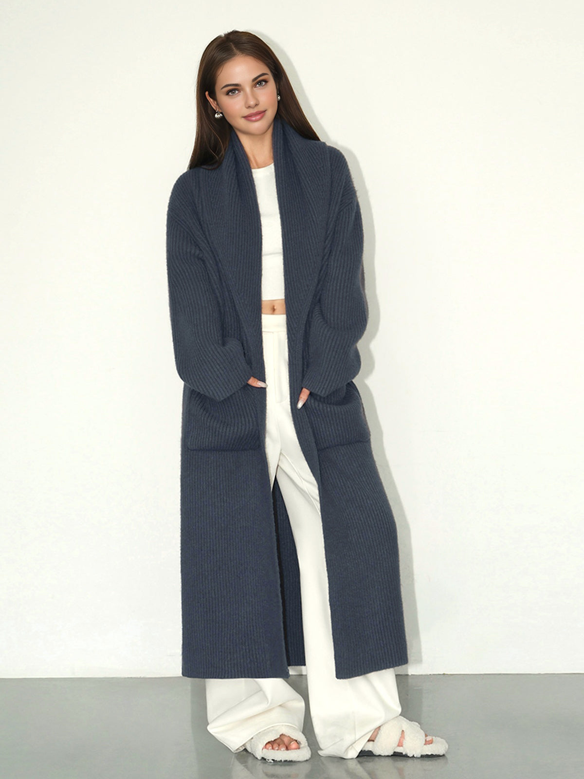 Plain Ribbed Pockets Long Cardigan-Chicvia