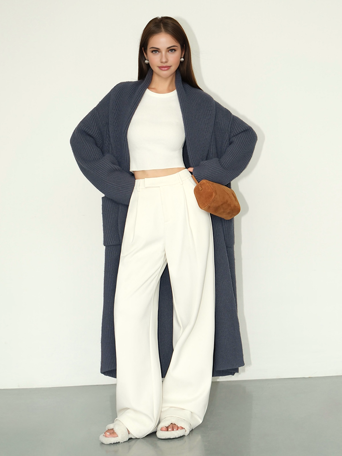 Plain Ribbed Pockets Long Cardigan-Chicvia