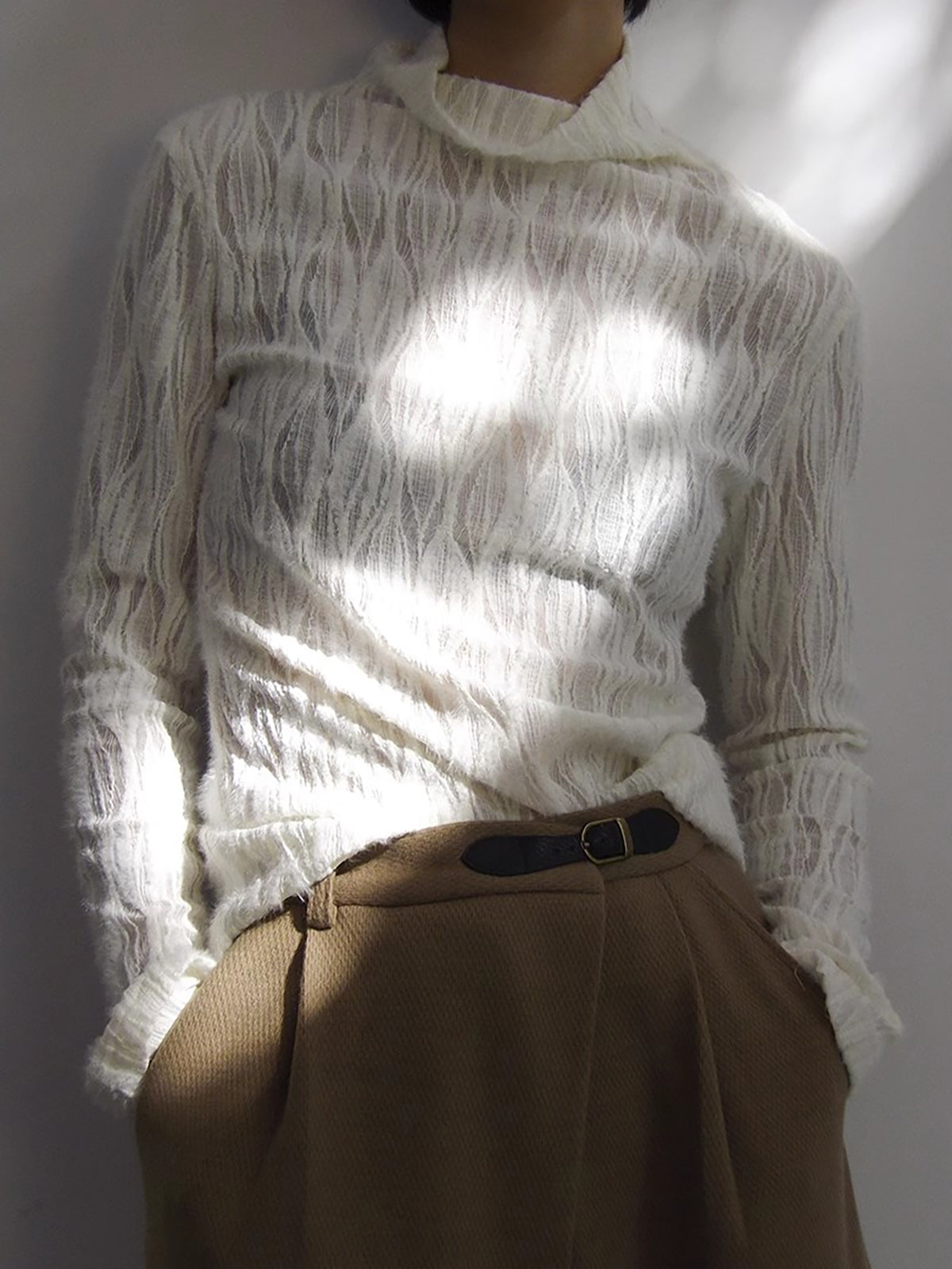 Mock Neck Semi-Sheer Plisse Top-Chicvia