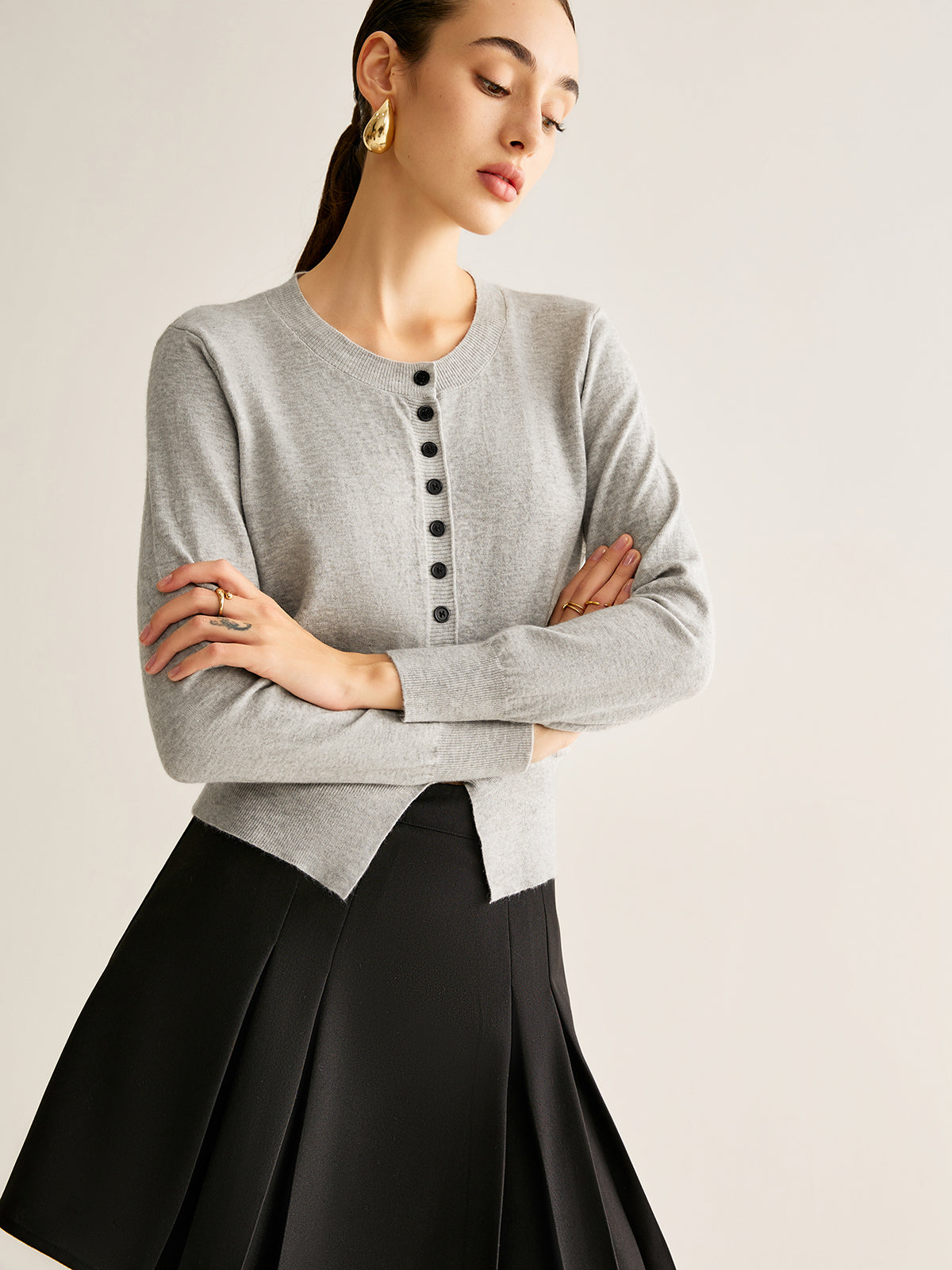 Button Down Slit Jersey Cardigan-Chicvia