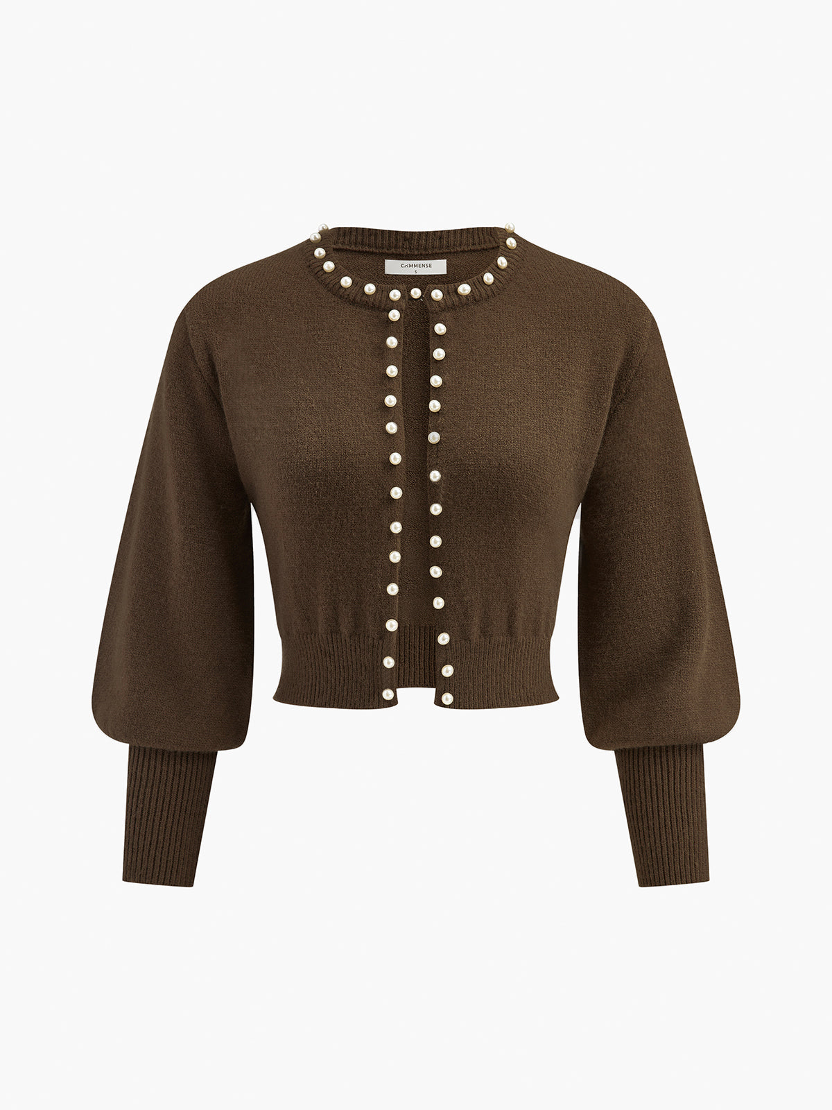 Pearl Trim Lantern Sleeve Knit Top-Chicvia