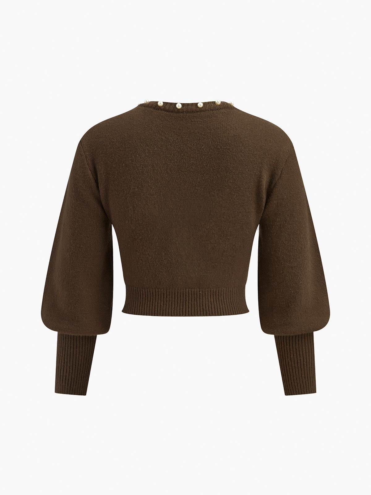 Pearl Trim Lantern Sleeve Knit Top-Chicvia