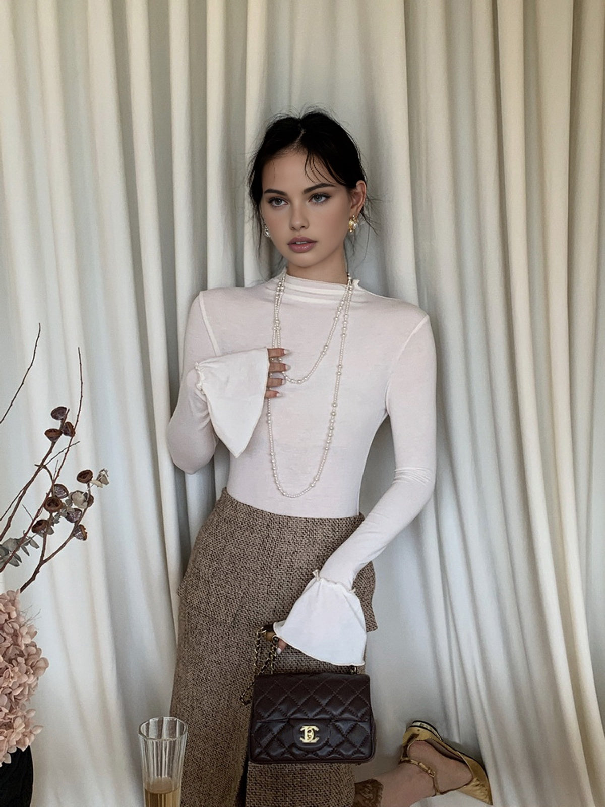 Plain Ruffle-Cuff Jersey Top-Chicvia