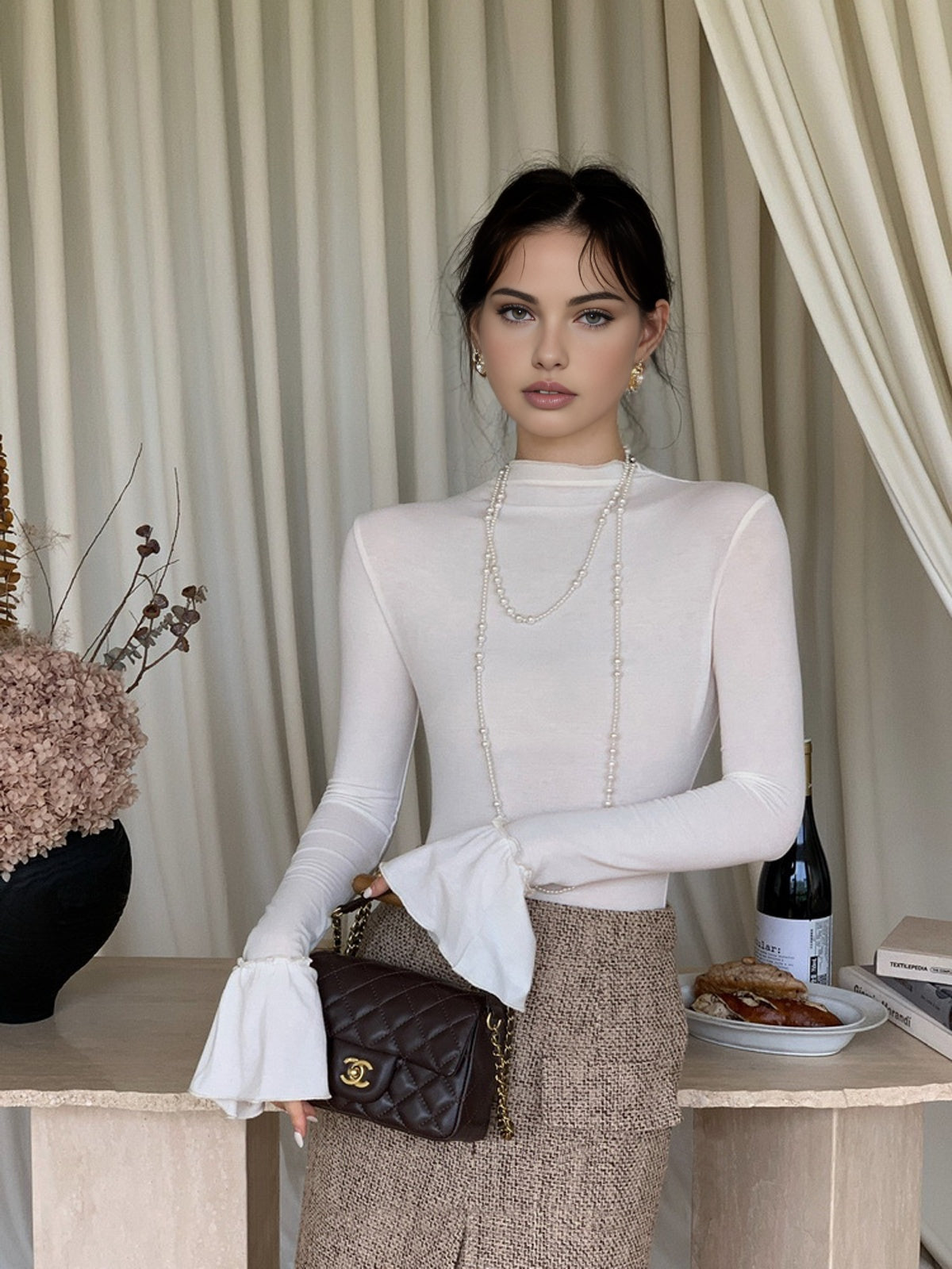 Plain Ruffle-Cuff Jersey Top-Chicvia