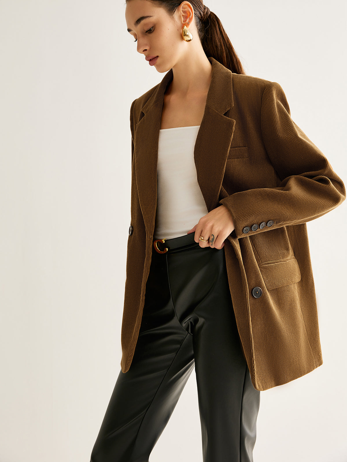 Cotton Corduroy Button Blazer-Chicvia