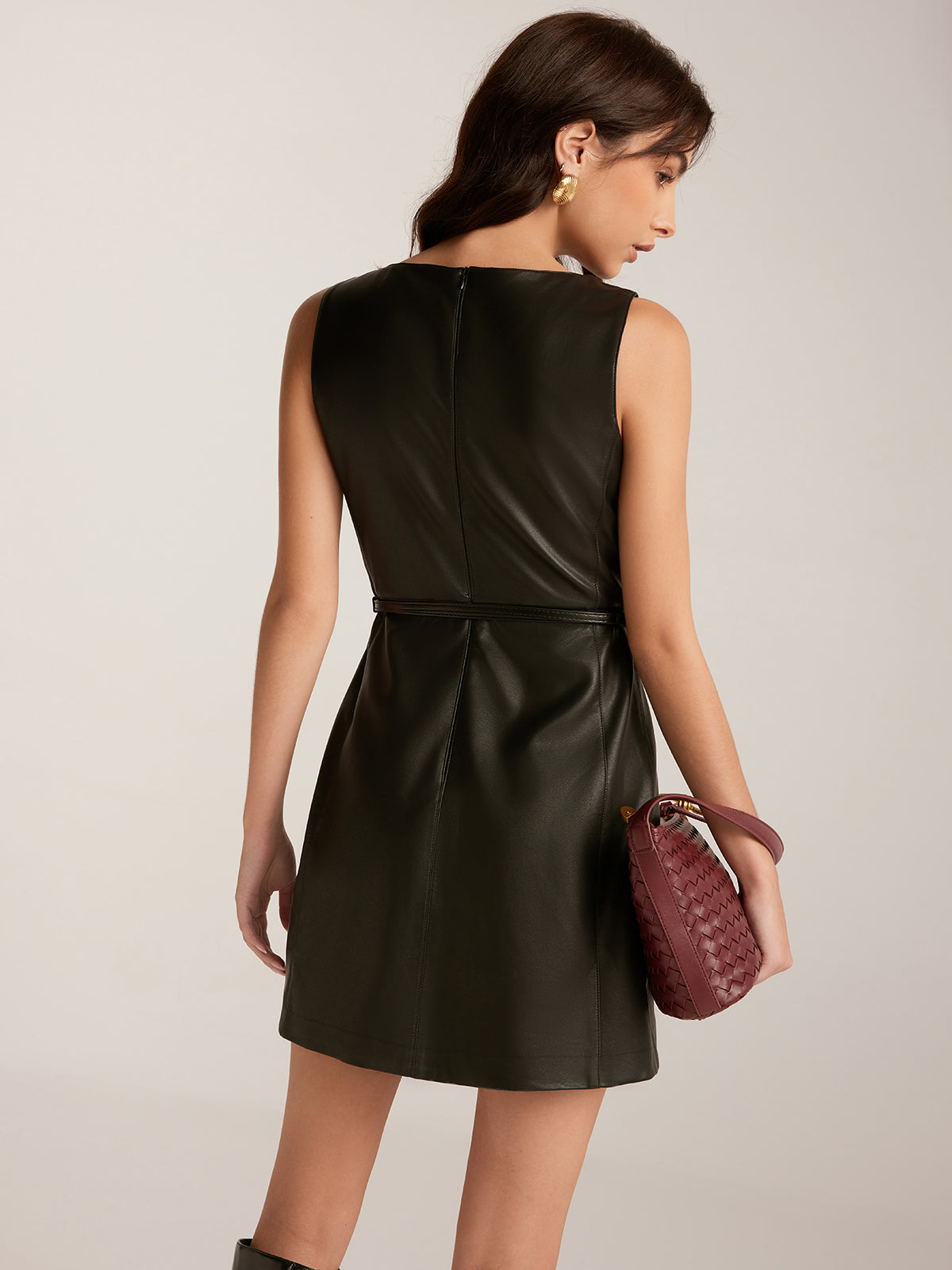 Minimalist Belted Faux Leather Tank Dress-Chicvia