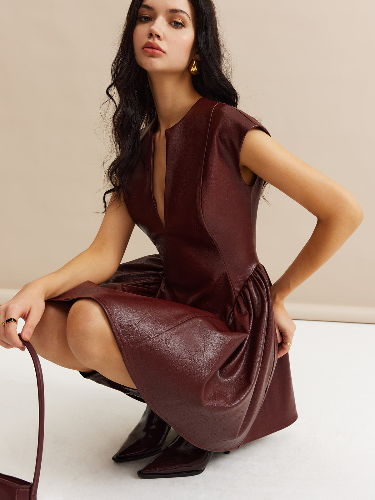 Faux Leather Panel Pleated Dress-Chicvia