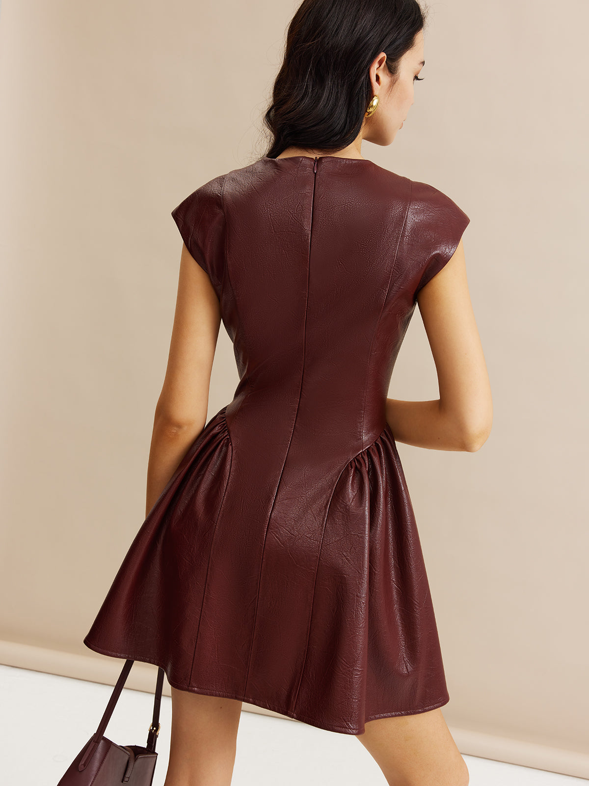 Faux Leather Panel Pleated Dress-Chicvia