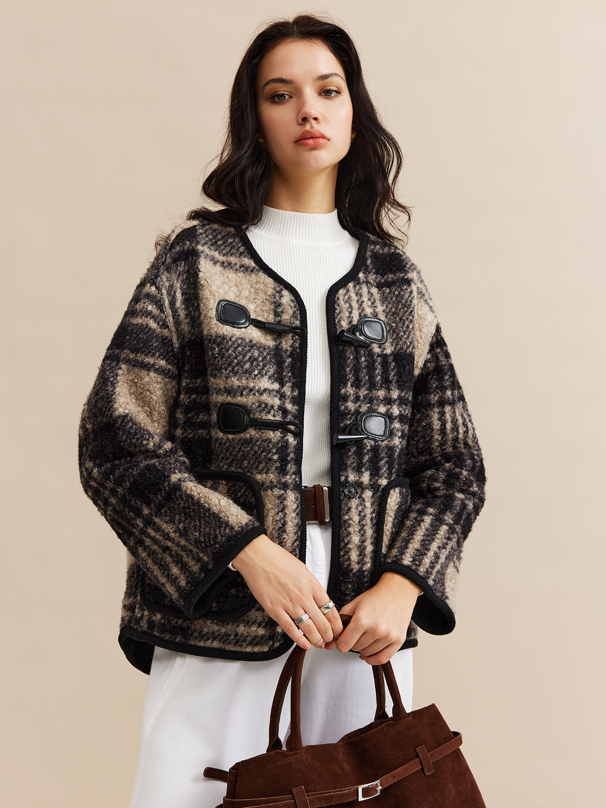 Contrast Trim Checked Tweed Coat-Chicvia