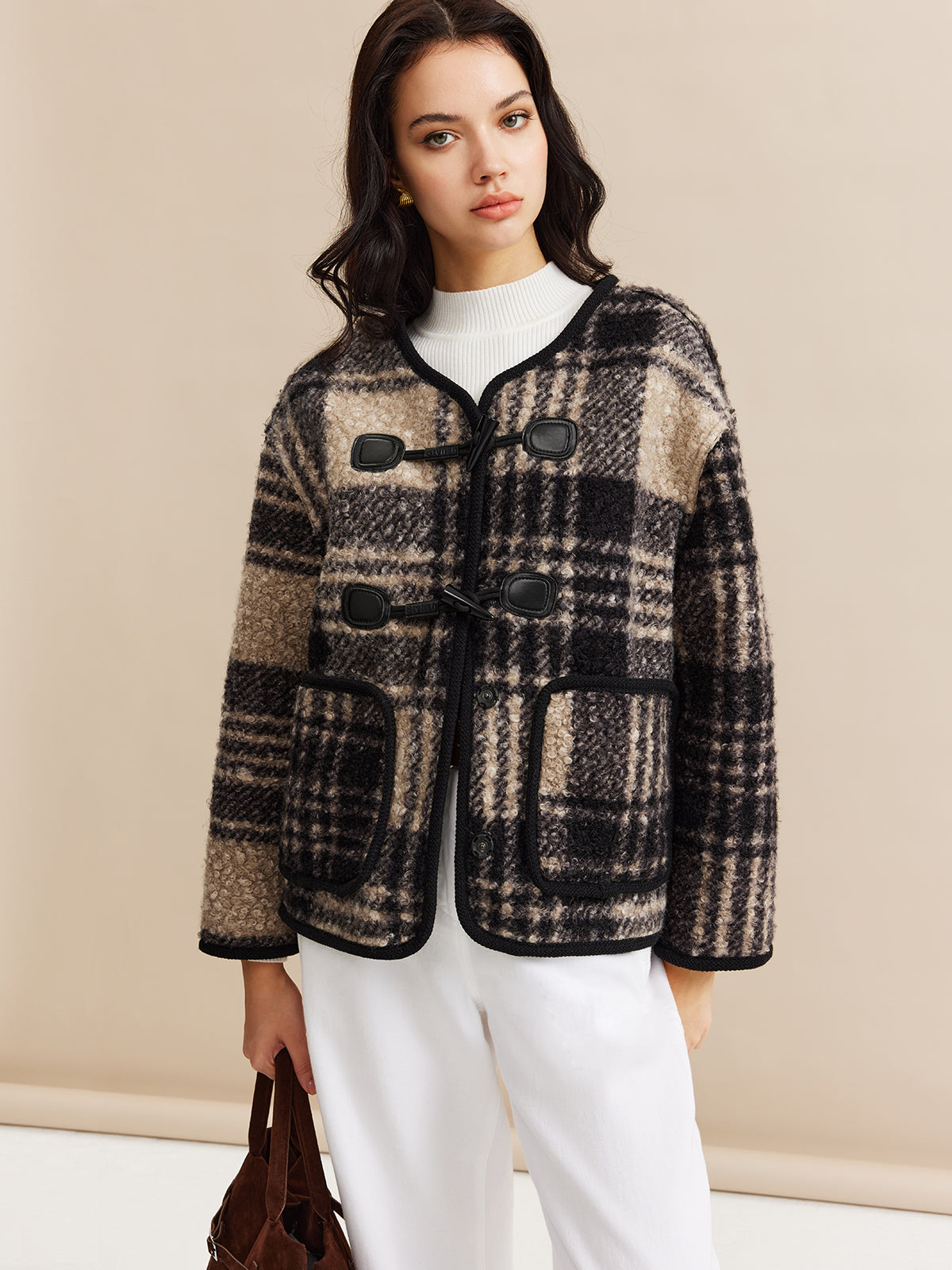 Contrast Trim Checked Tweed Coat-Chicvia