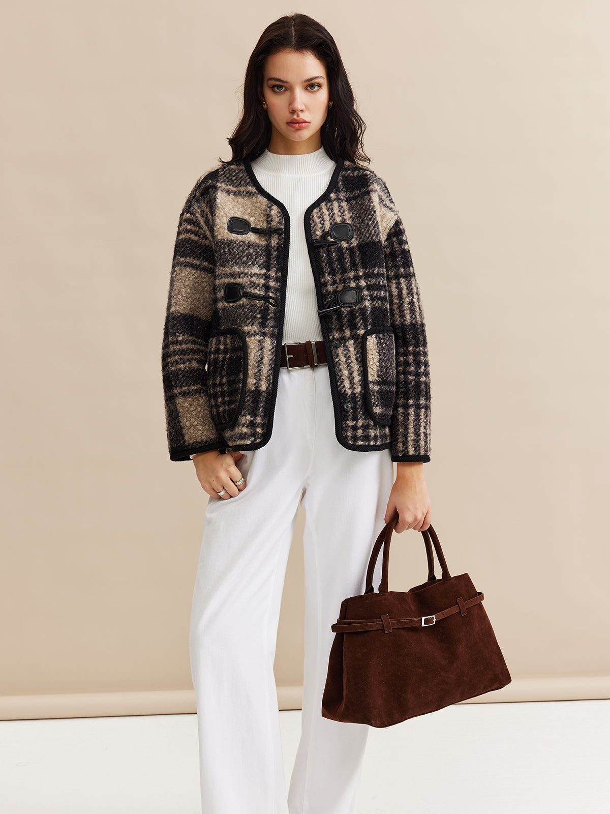 Contrast Trim Checked Tweed Coat-Chicvia