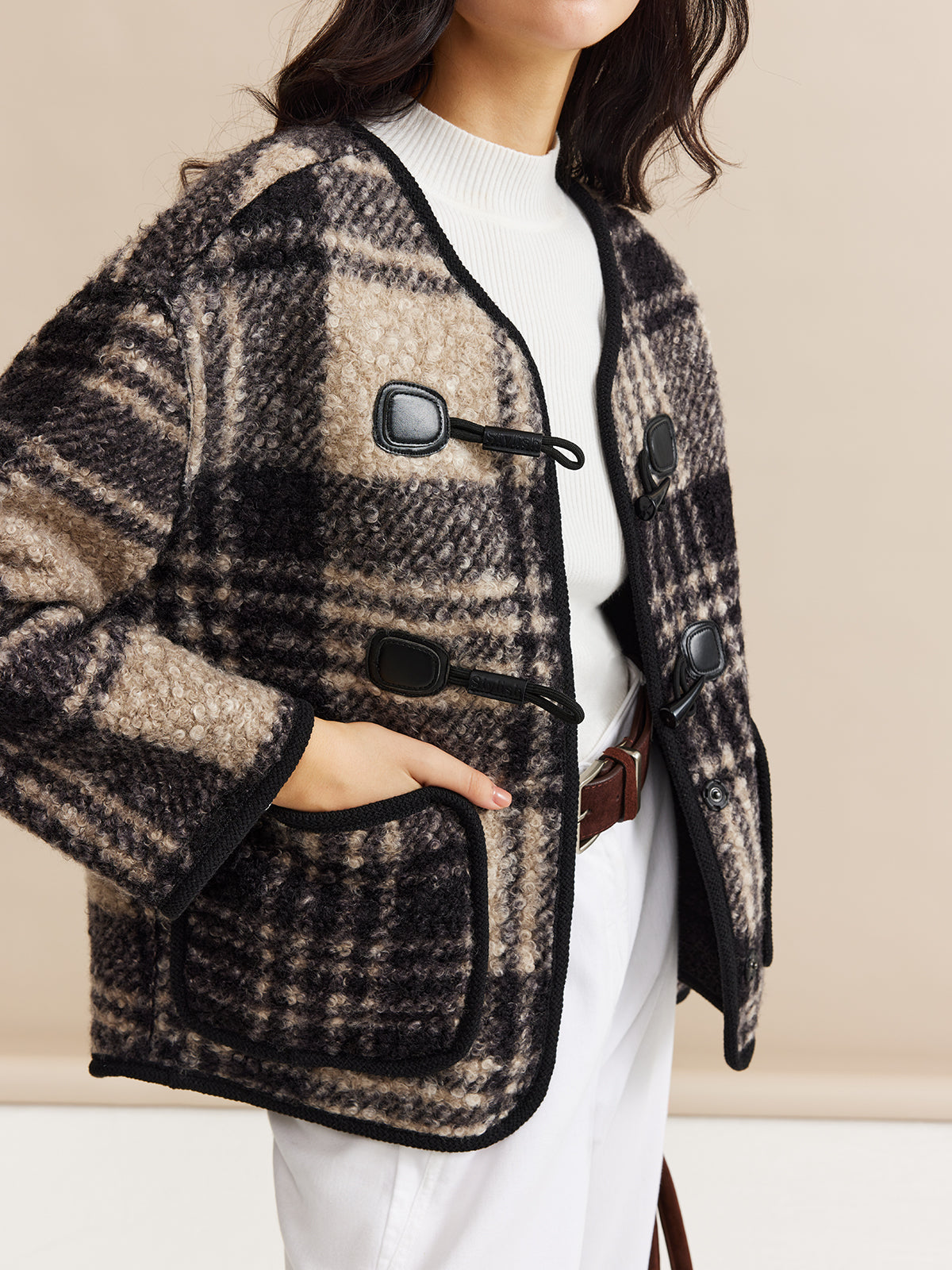 Contrast Trim Checked Tweed Coat-Chicvia