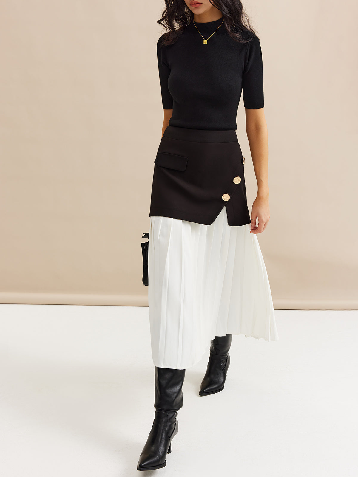 Pleated Panel Midi Skirt-Chicvia