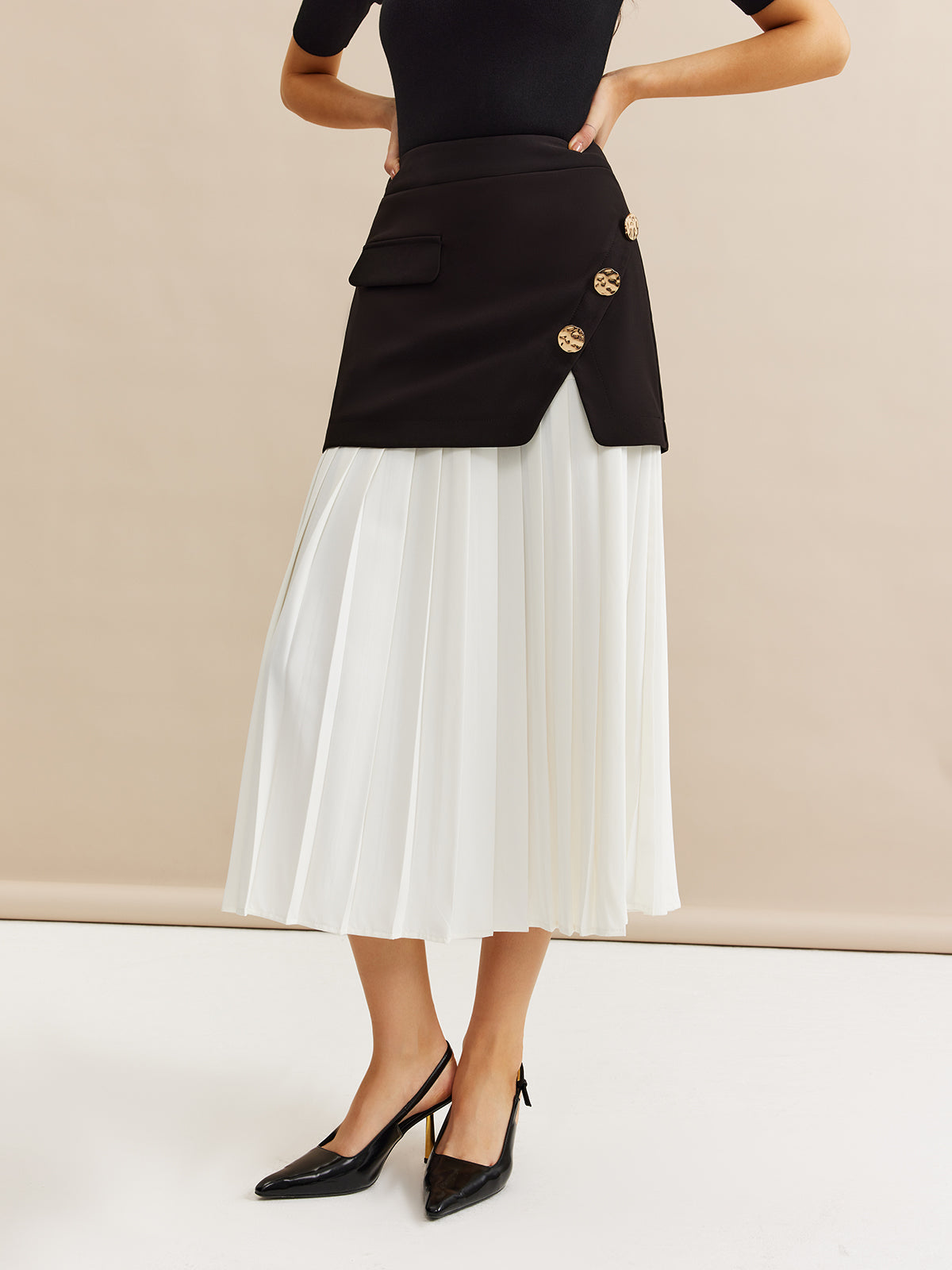 Pleated Panel Midi Skirt-Chicvia