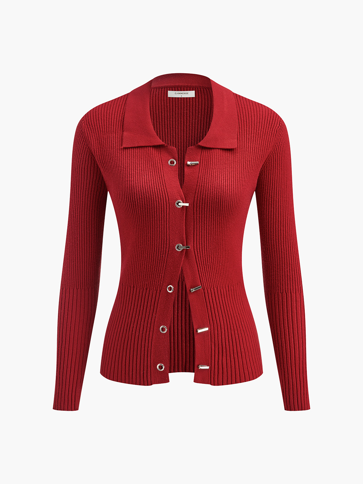 Ribbed Metal Design Polo Cardigan-Chicvia