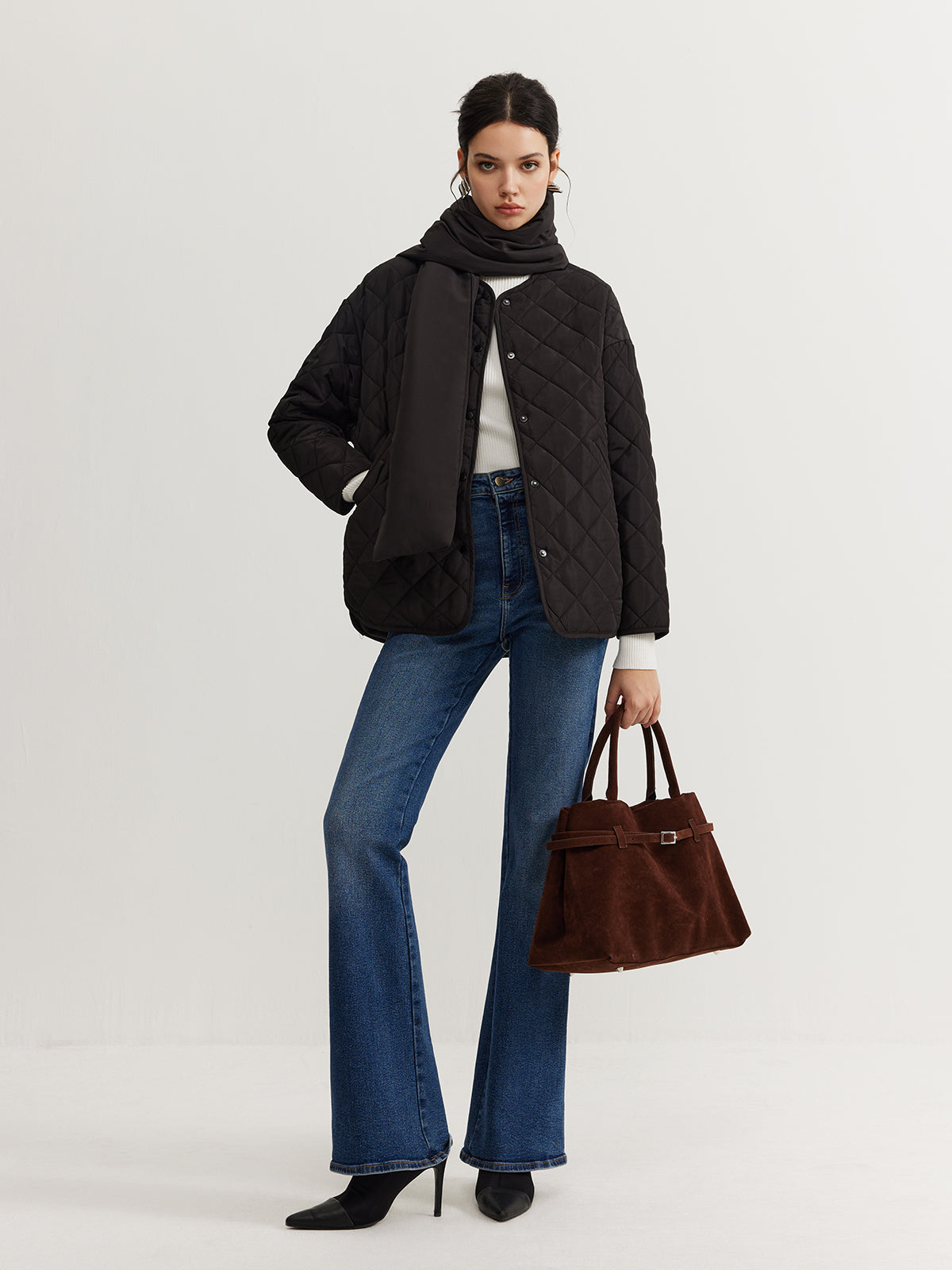 Plain Quilted Button Winter Coat With Matching Scarf-Chicvia