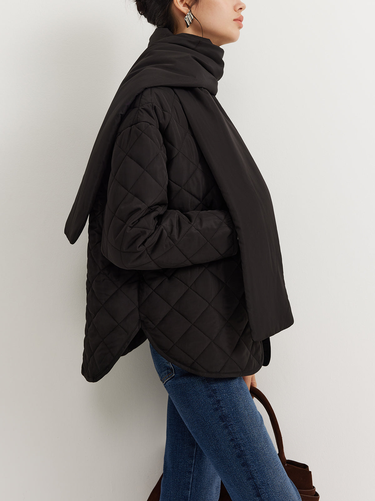 Plain Quilted Button Winter Coat With Matching Scarf-Chicvia