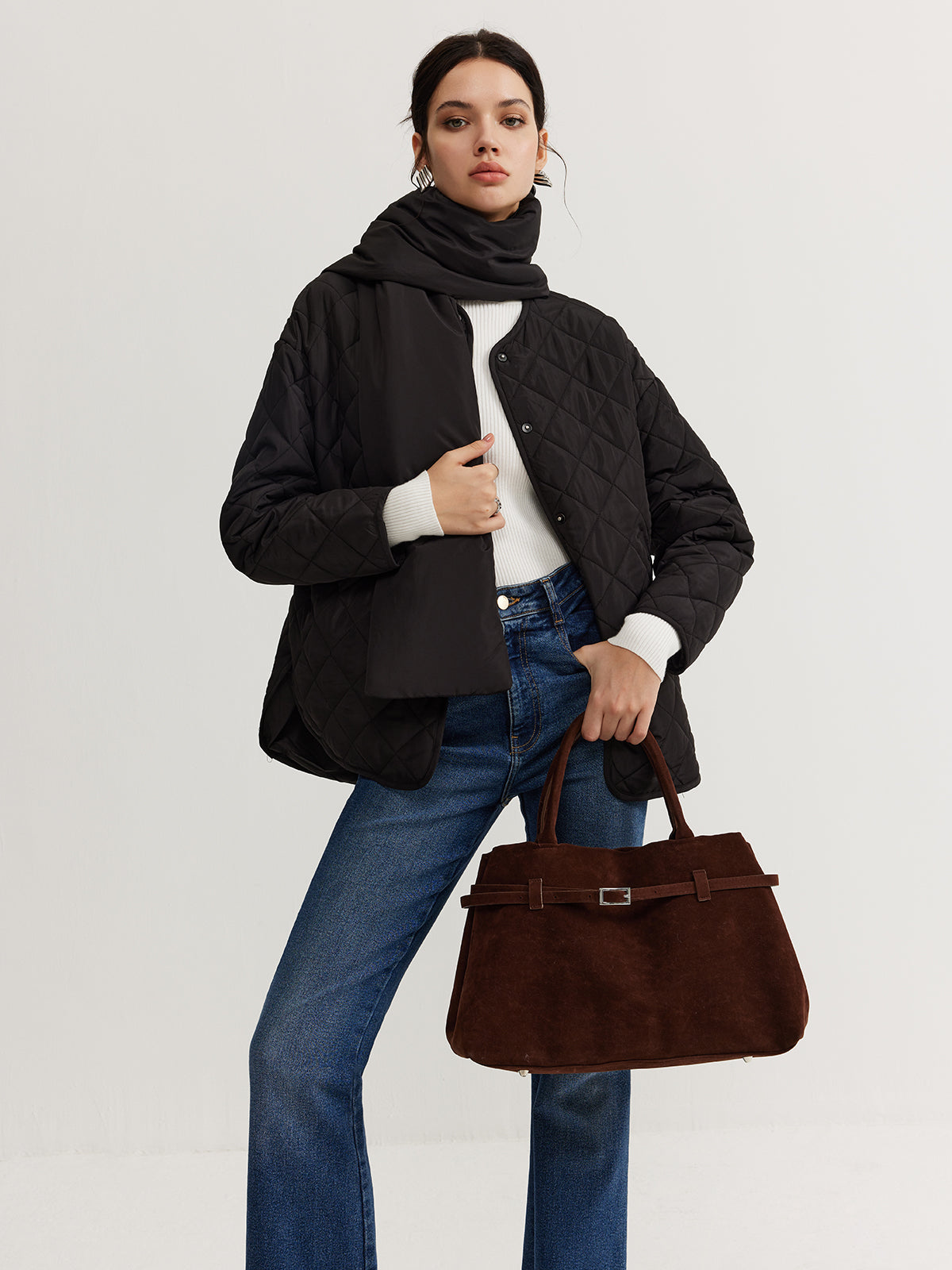 Plain Quilted Button Winter Coat With Matching Scarf-Chicvia