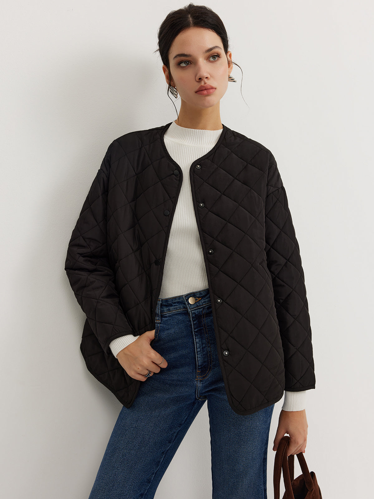 Plain Quilted Button Winter Coat With Matching Scarf-Chicvia