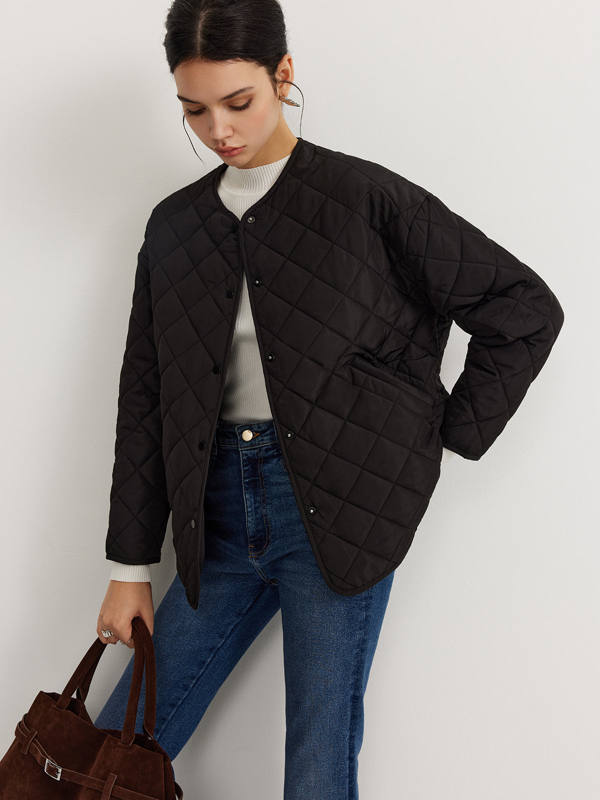 Plain Quilted Button Winter Coat With Matching Scarf-Chicvia
