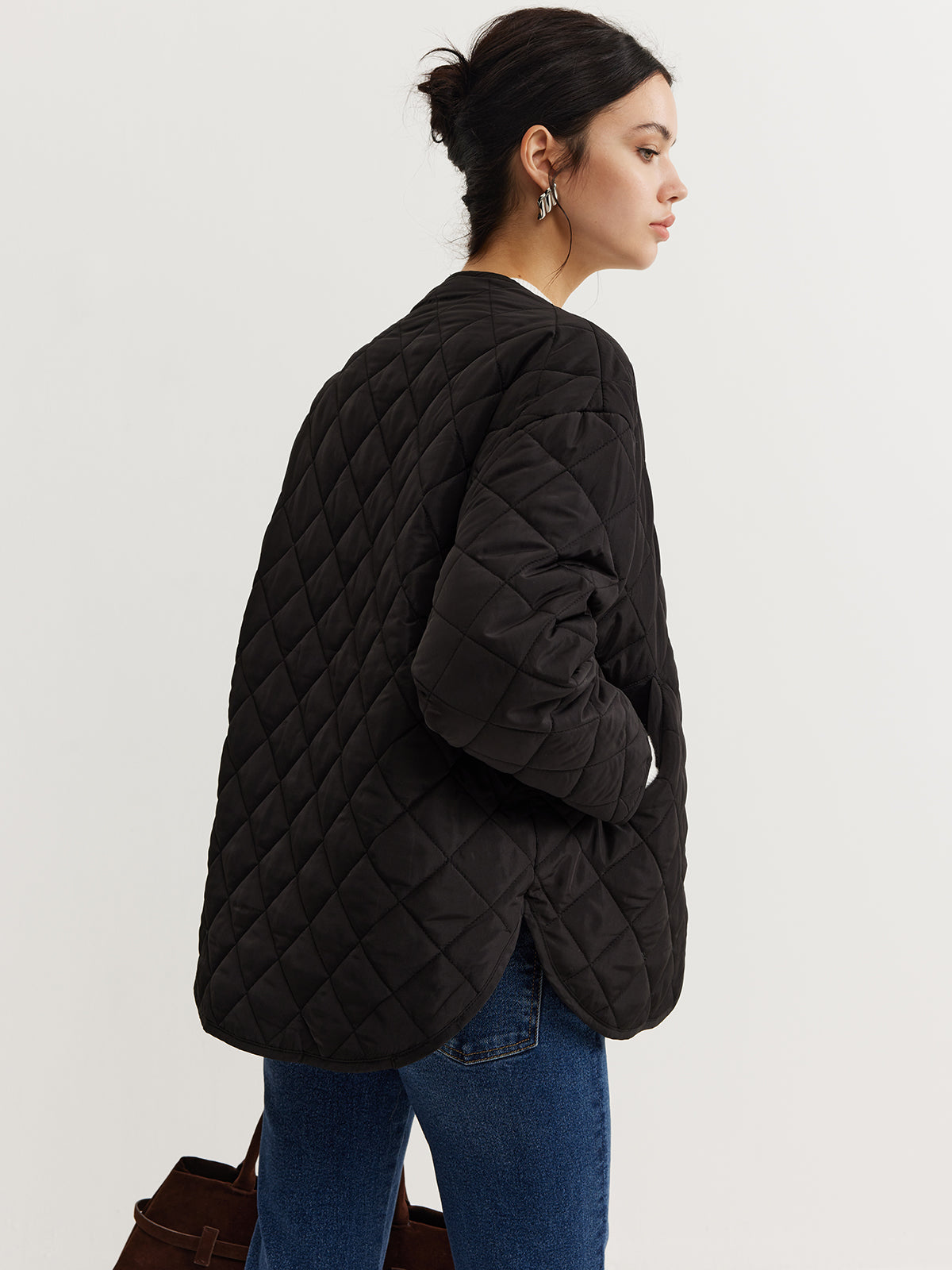 Plain Quilted Button Winter Coat With Matching Scarf-Chicvia