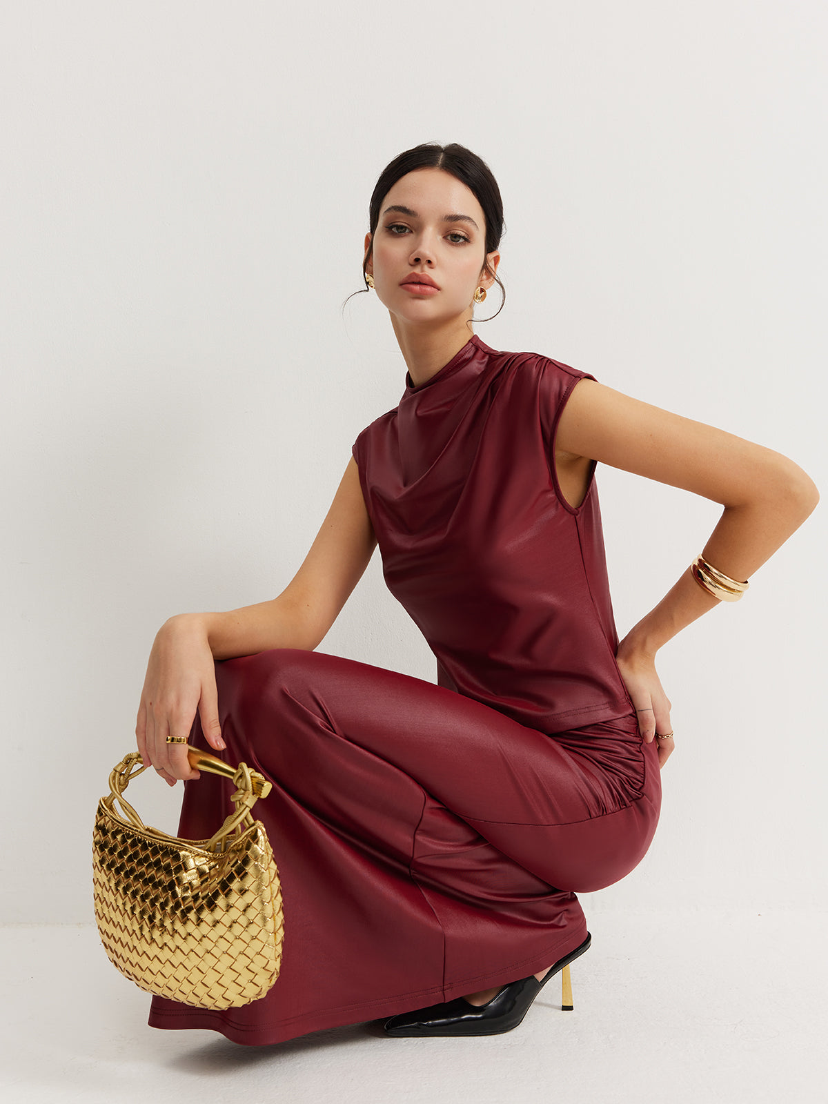 Plain Sleeveless Ruched Skirt Set-Chicvia