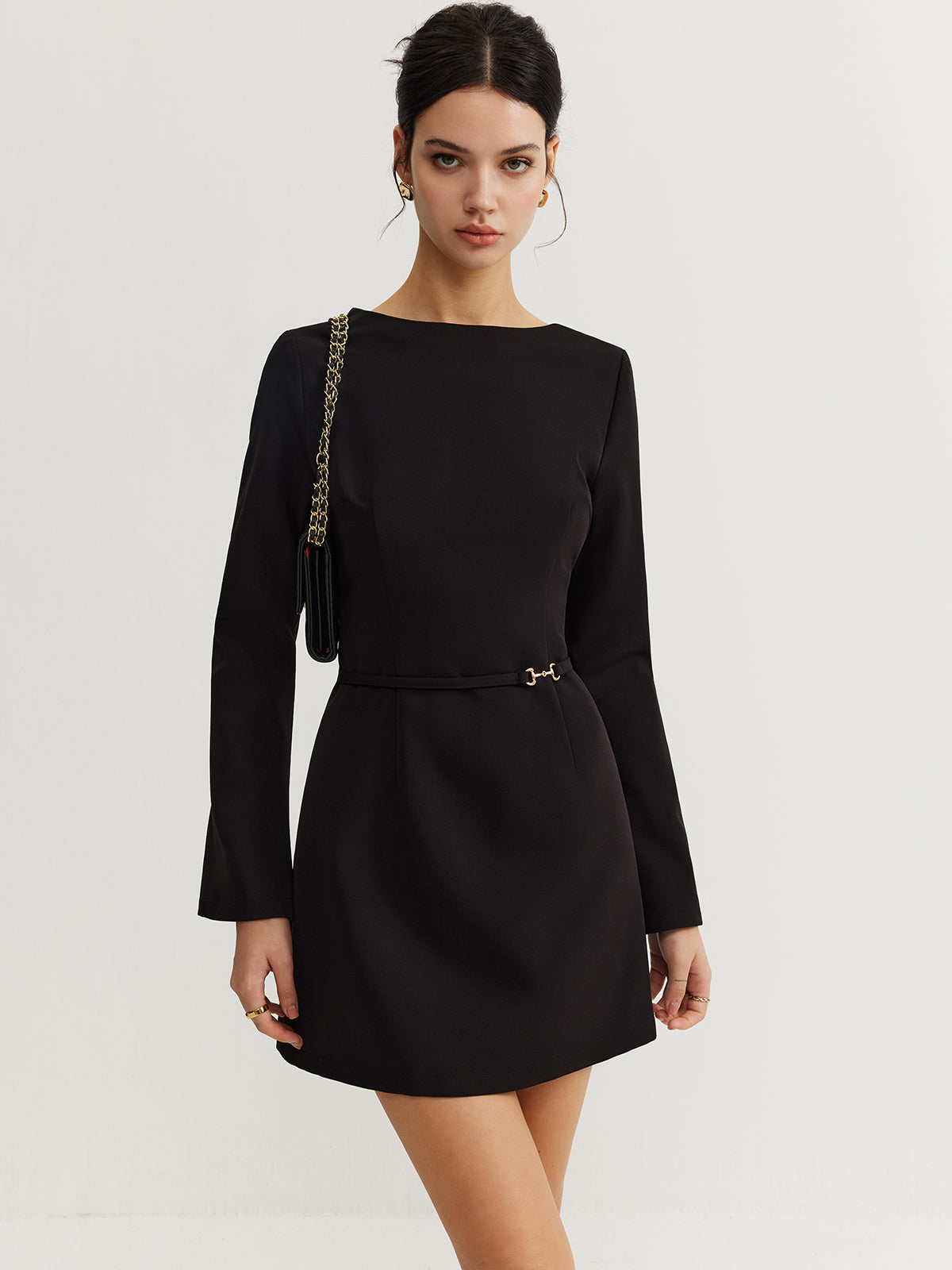 Minimalist Long Sleeve Belted Dress-Chicvia