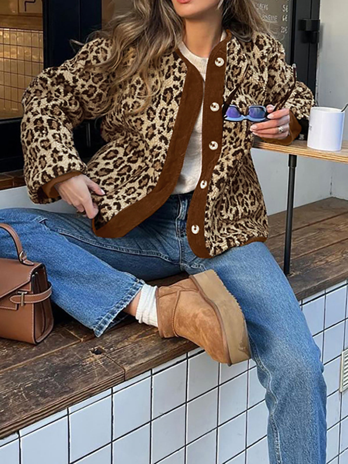 Contrast Trim Minky Leopard Jacket-Chicvia