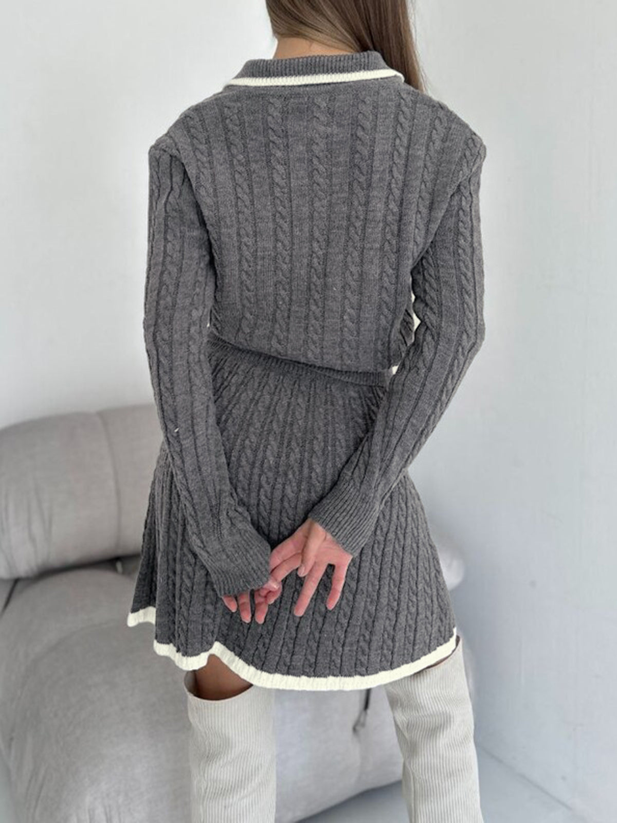 Contrast Trim Cable-Knit Lapel Skirt Set-Chicvia