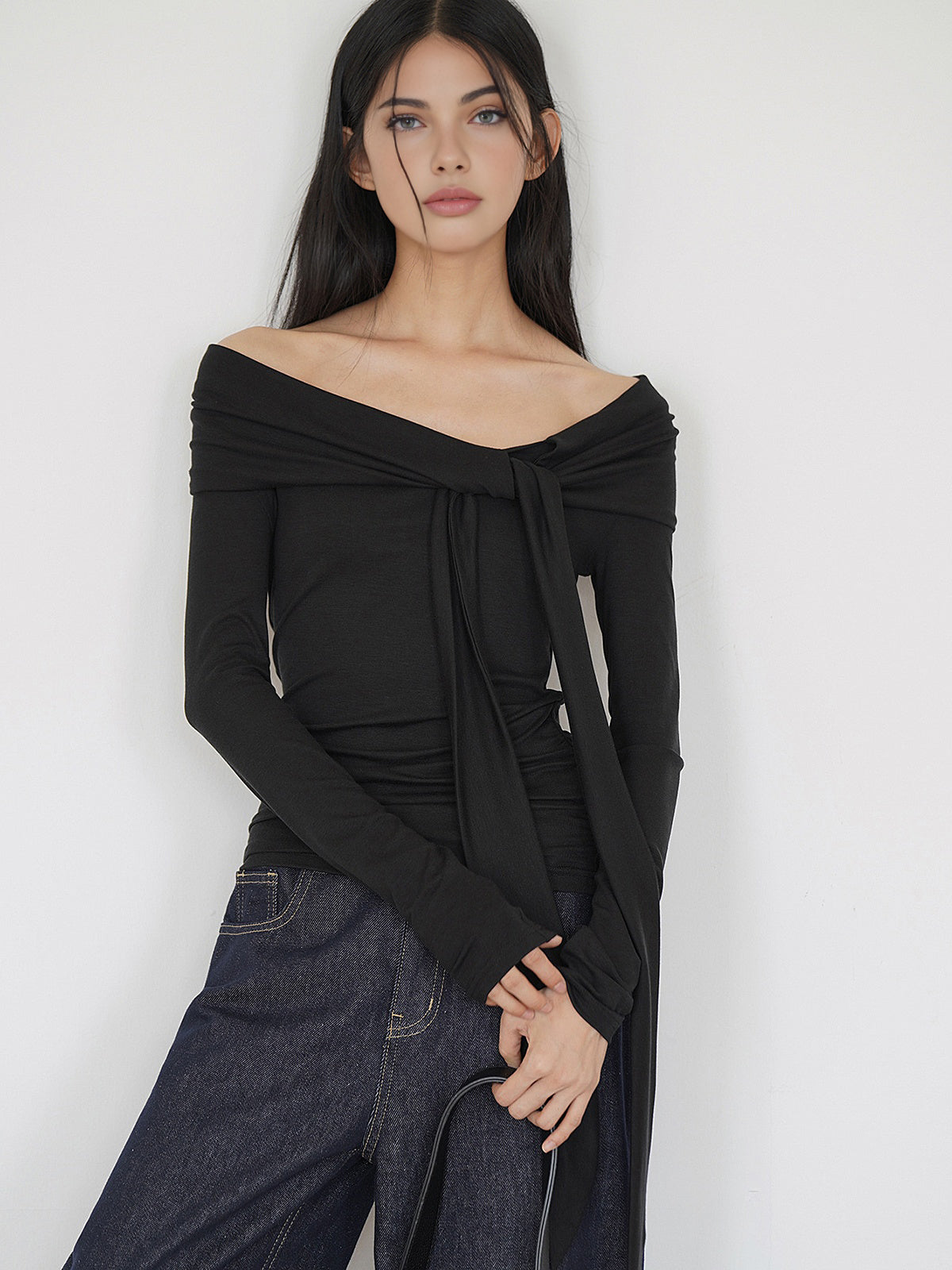 Cold-Shoulder Tie Neck Jersey Top-Chicvia