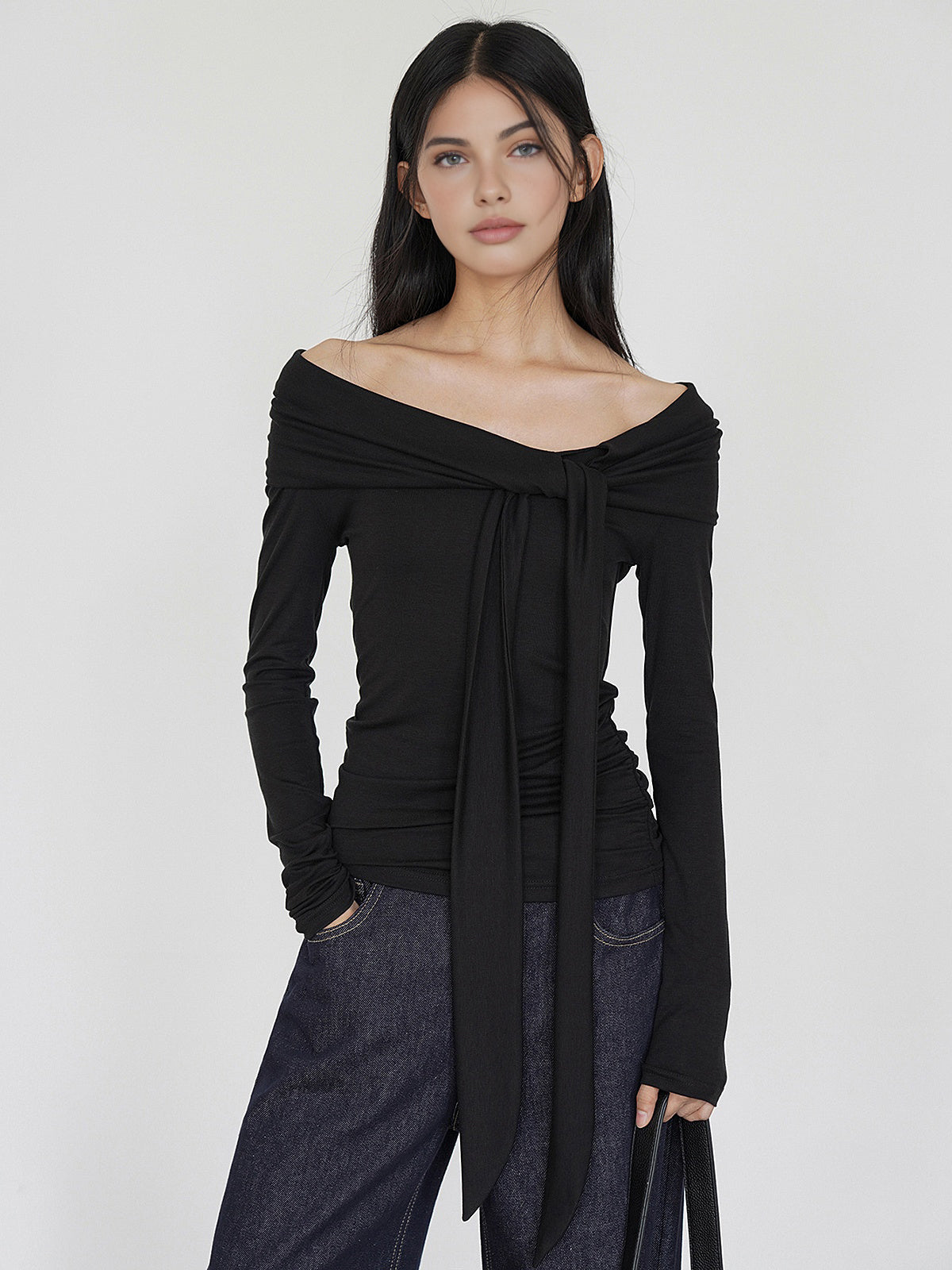 Cold-Shoulder Tie Neck Jersey Top-Chicvia