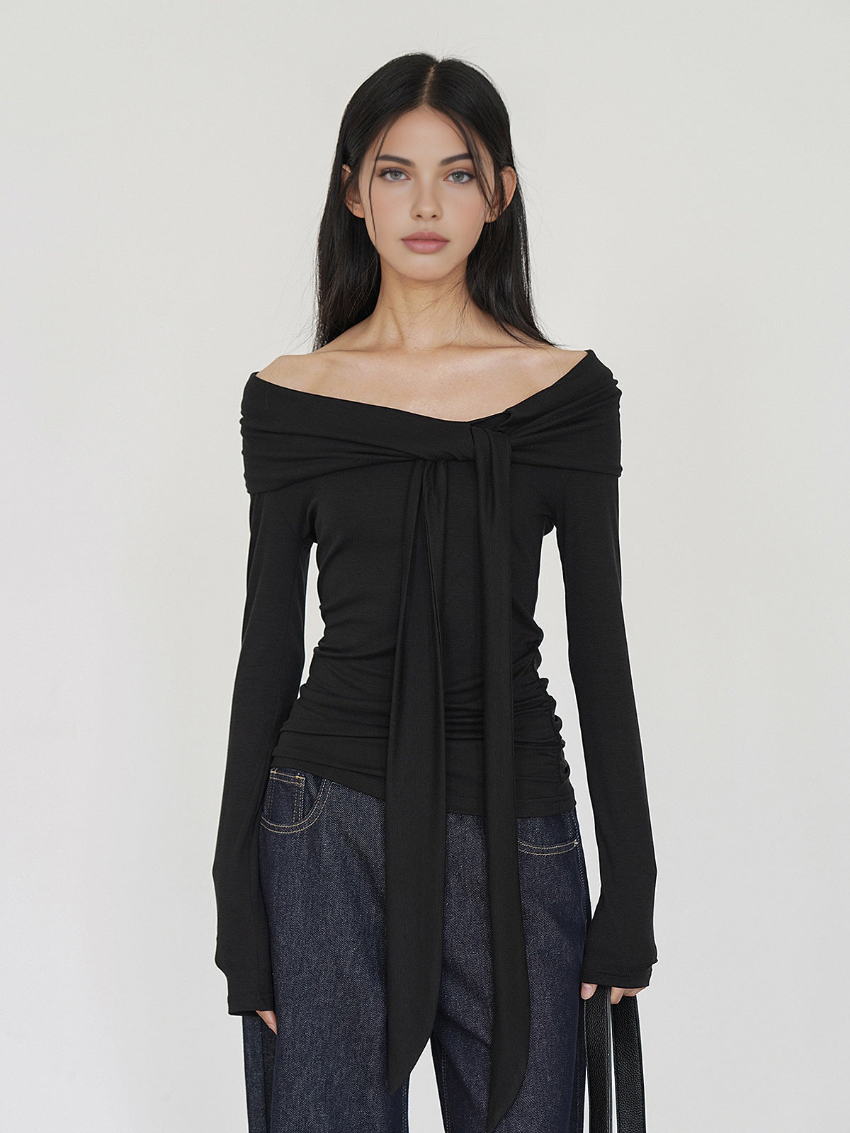 Cold-Shoulder Tie Neck Jersey Top-Chicvia