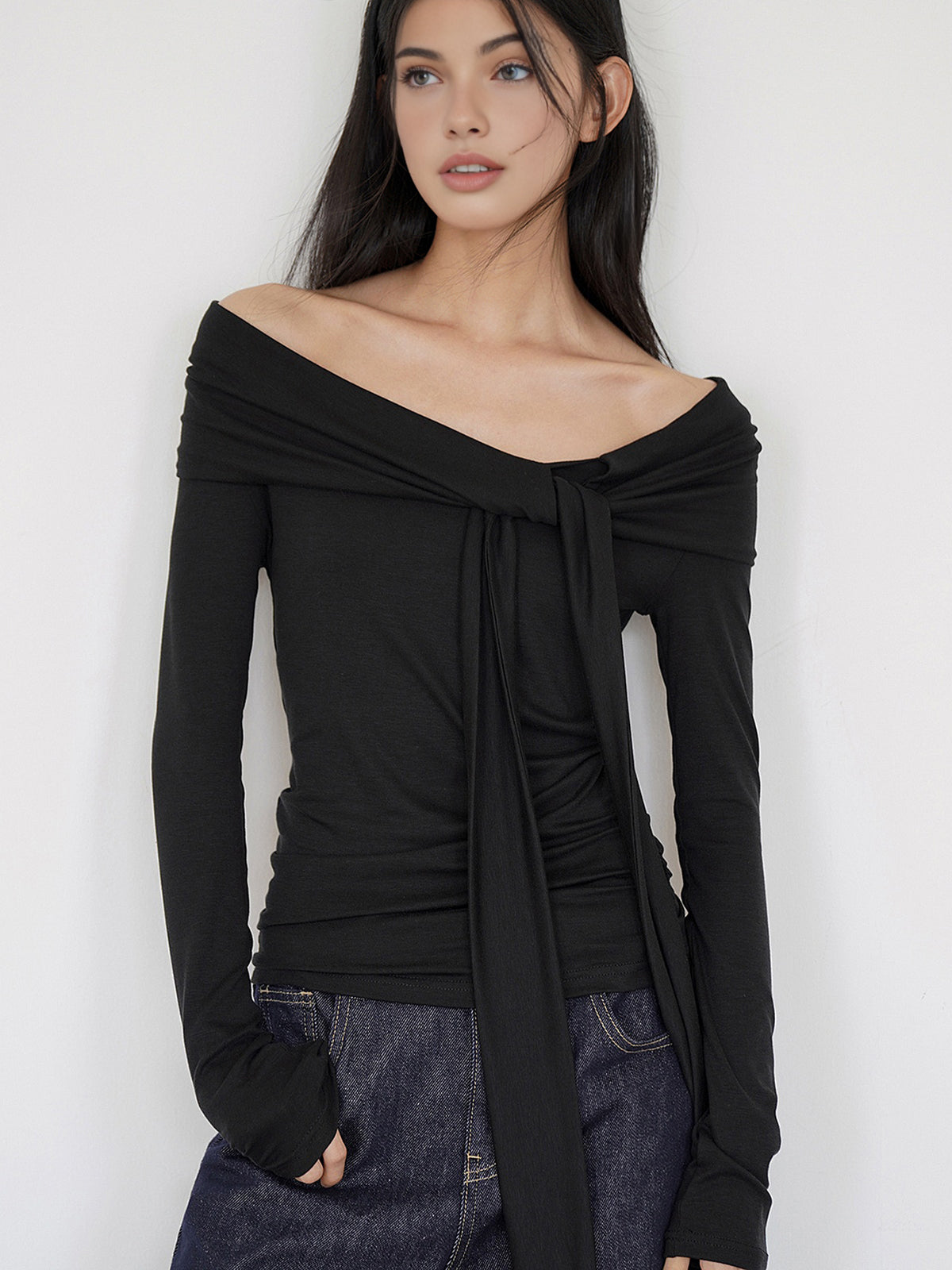 Cold-Shoulder Tie Neck Jersey Top-Chicvia