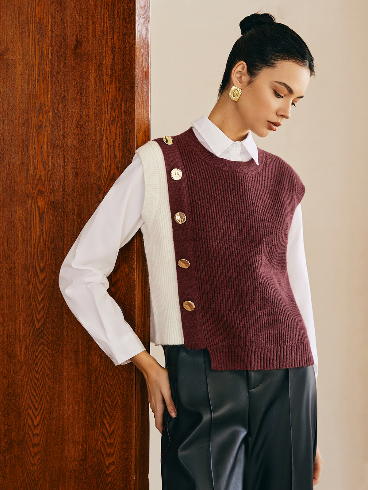 Oversized Color Block Sweater Vest-Chicvia
