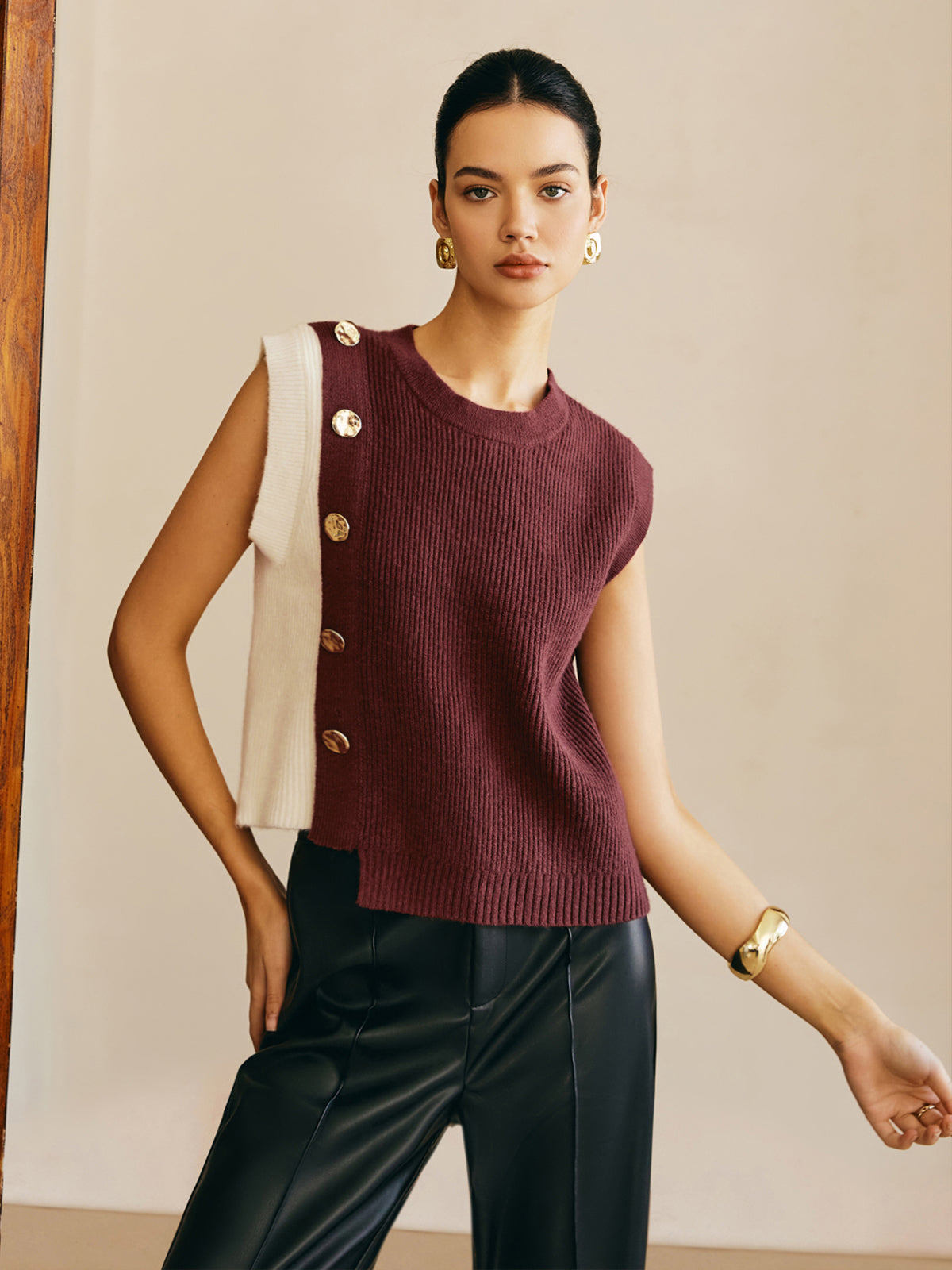 Oversized Color Block Sweater Vest-Chicvia