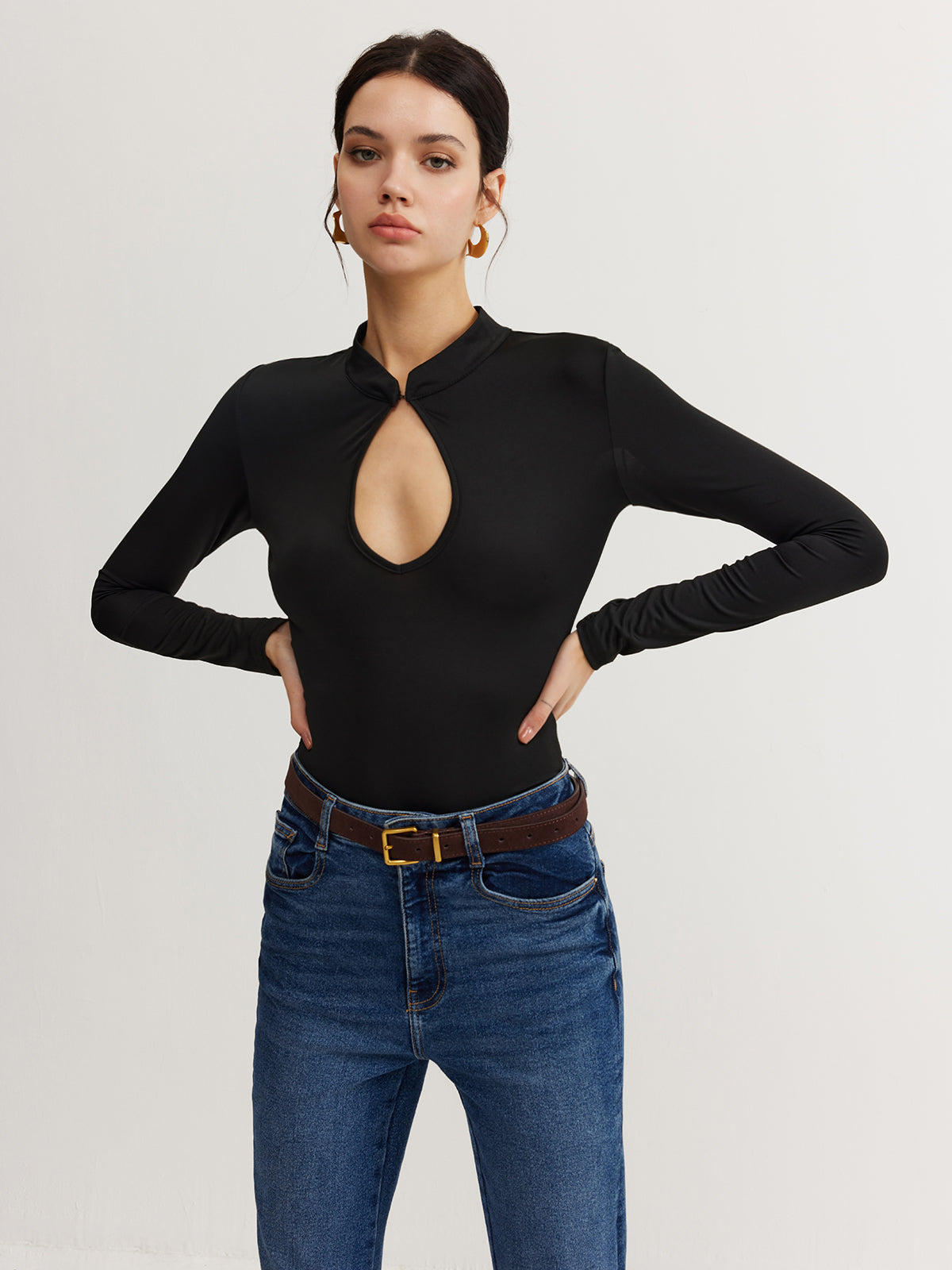 Keyhole Neckline Thin Bodysuit-Chicvia