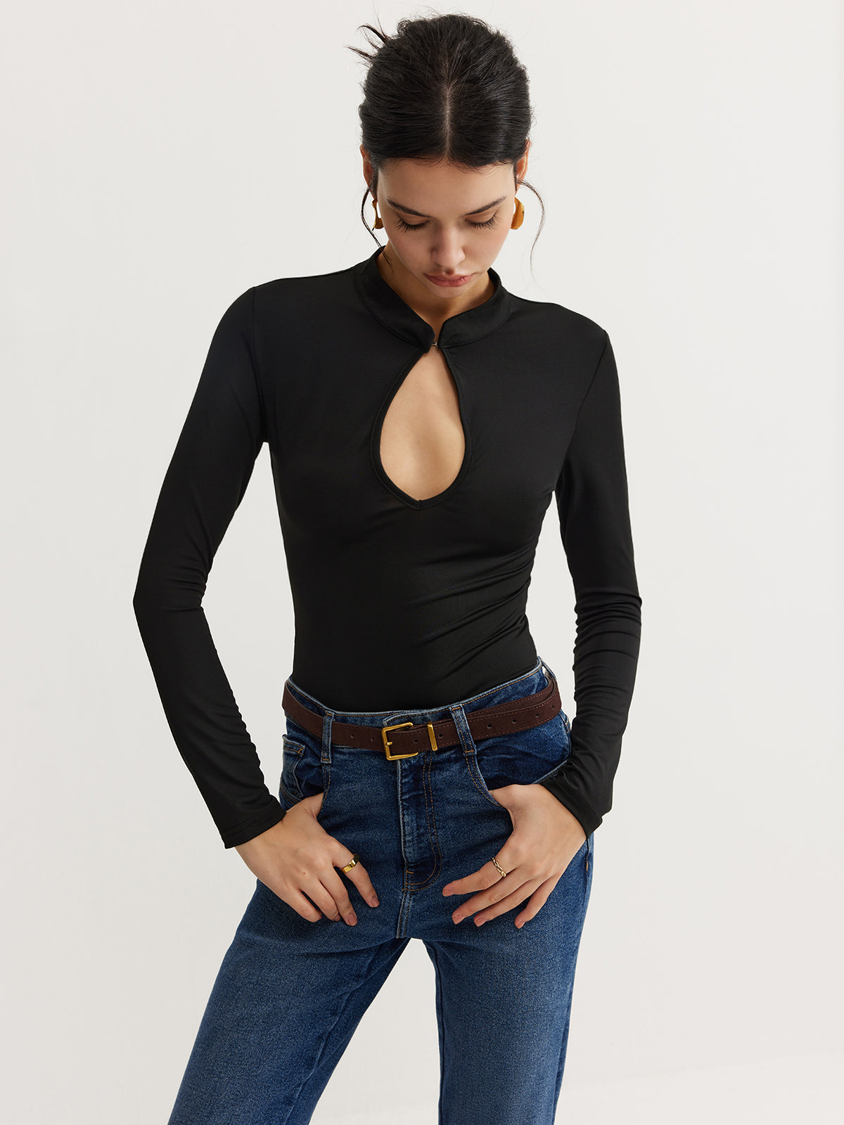 Keyhole Neckline Thin Bodysuit-Chicvia