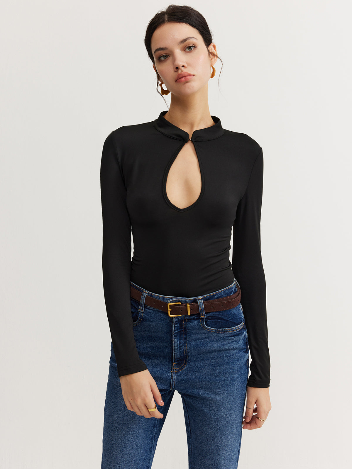 Keyhole Neckline Thin Bodysuit-Chicvia