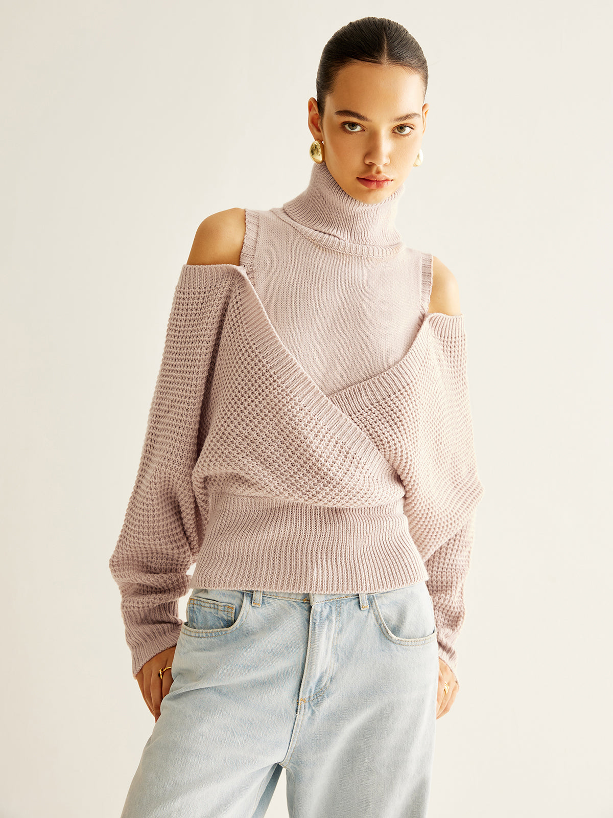 Oversized Wool-Blend Turtleneck Cinched Knit Top-Chicvia