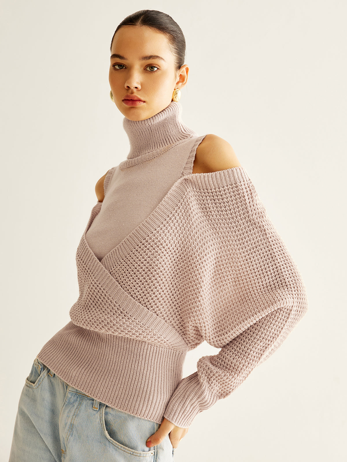 Oversized Wool-Blend Turtleneck Cinched Knit Top-Chicvia