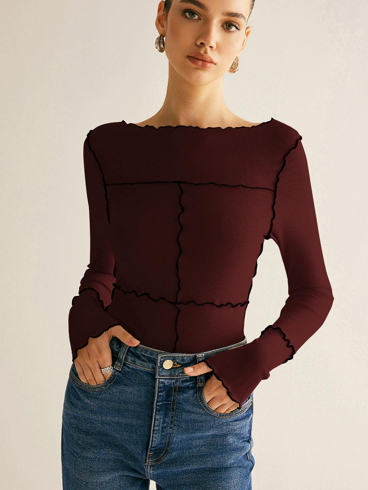 Lettuce Trim Long Sleeve Slim T-Shirt-Chicvia