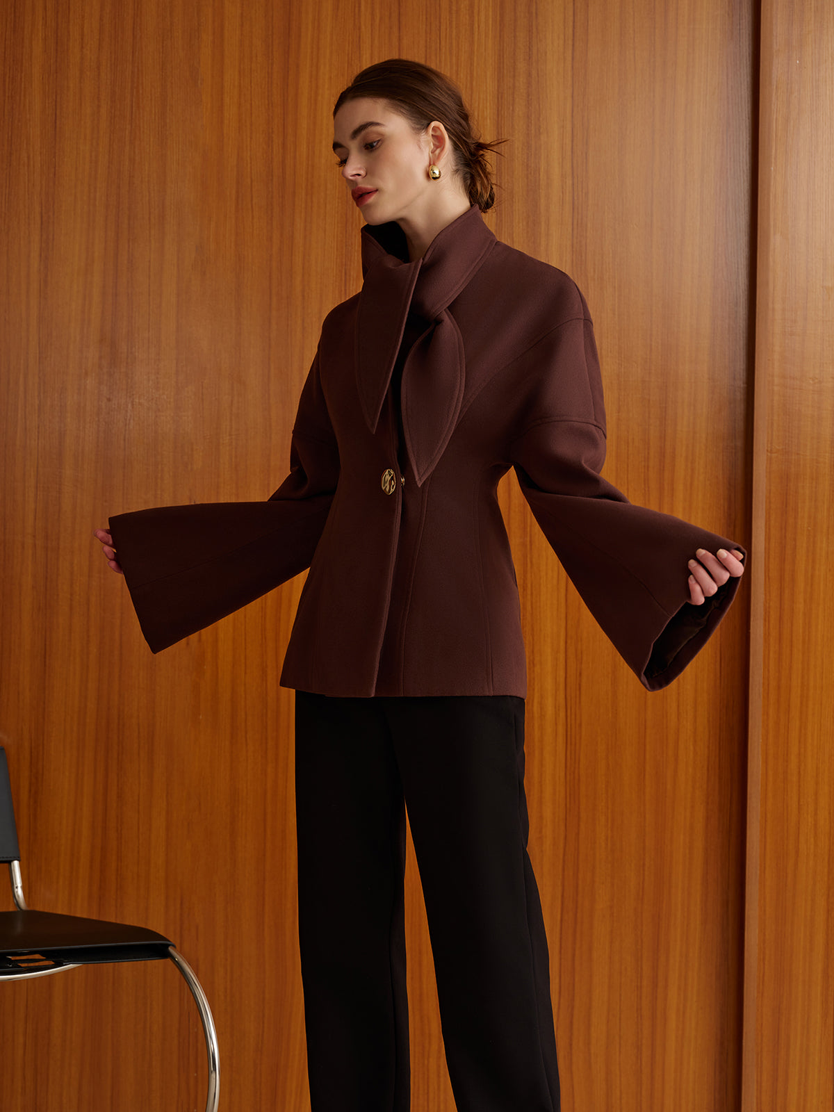 Plain Metal-Button Coat With Scarf-Chicvia