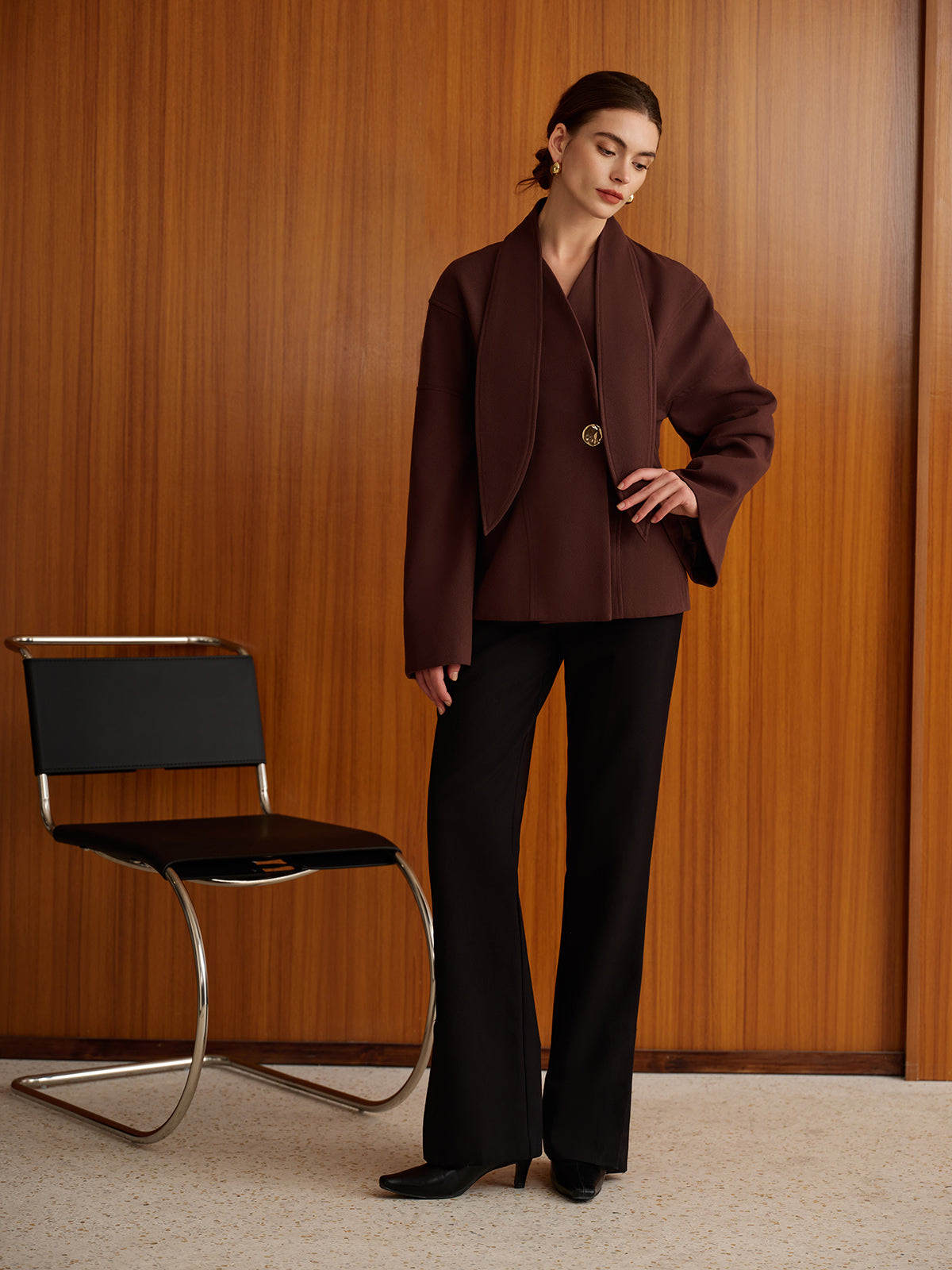 Plain Metal-Button Coat With Scarf-Chicvia